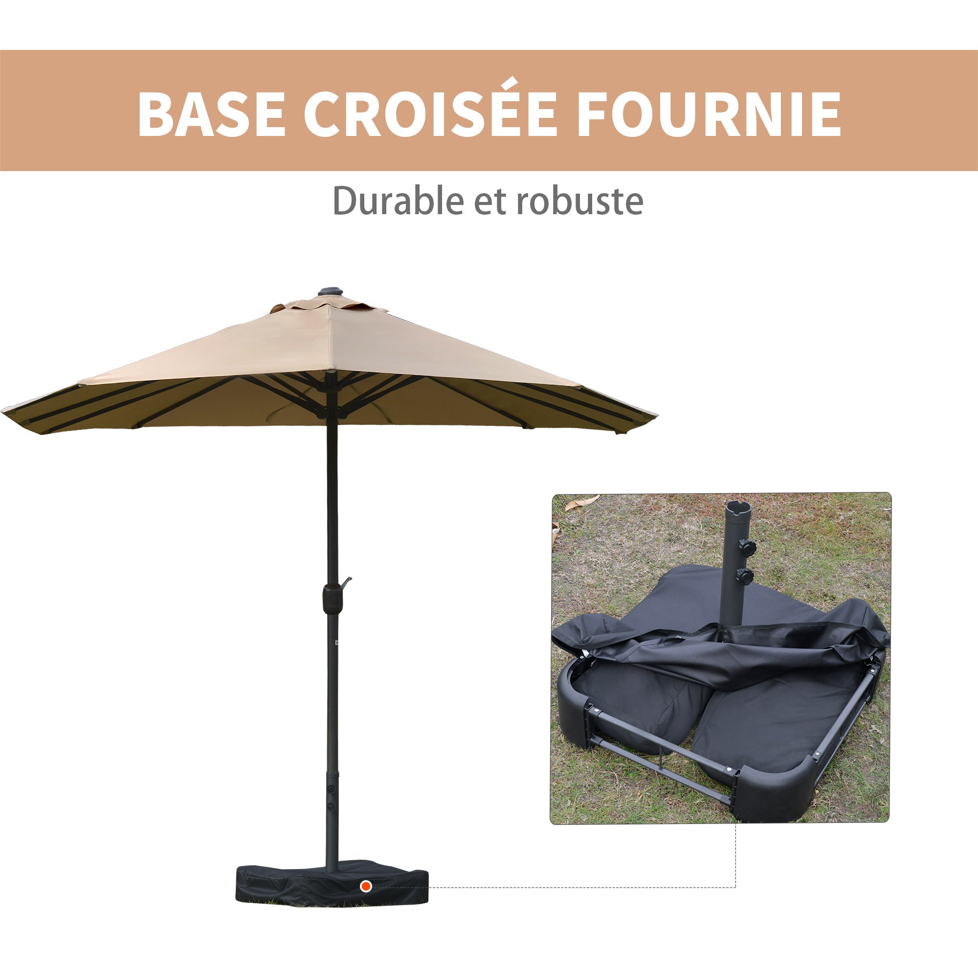 Outdoor Garden Parasol Double Rectangular Parasol 4.6L x 2.7W x 2.4H m with Crank Opening Closing, Sandbags and Base Included, for Balcony, Pool, Khaki