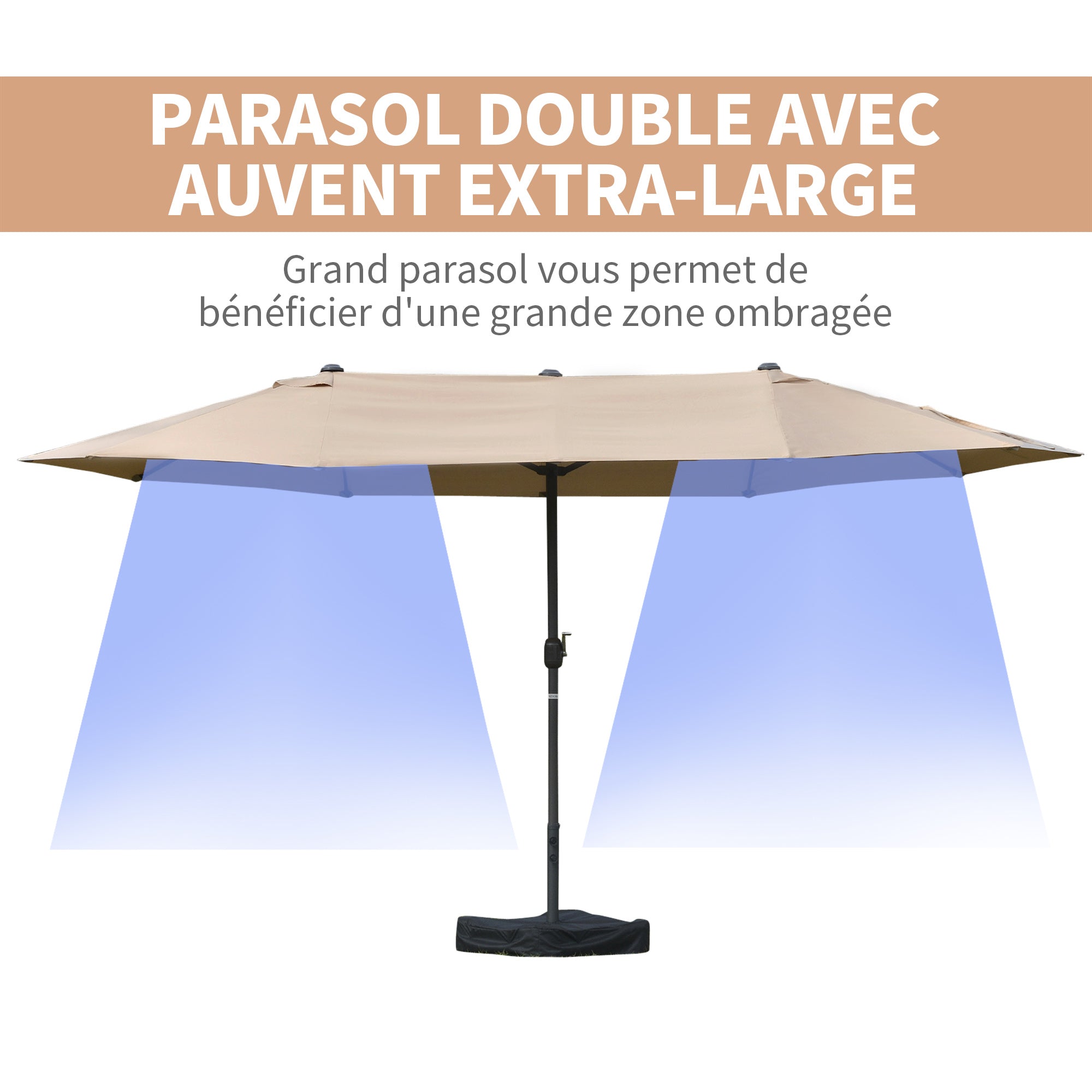 Outdoor Garden Parasol Double Rectangular Parasol 4.6L x 2.7W x 2.4H m with Crank Opening Closing, Sandbags and Base Included, for Balcony, Pool, Khaki