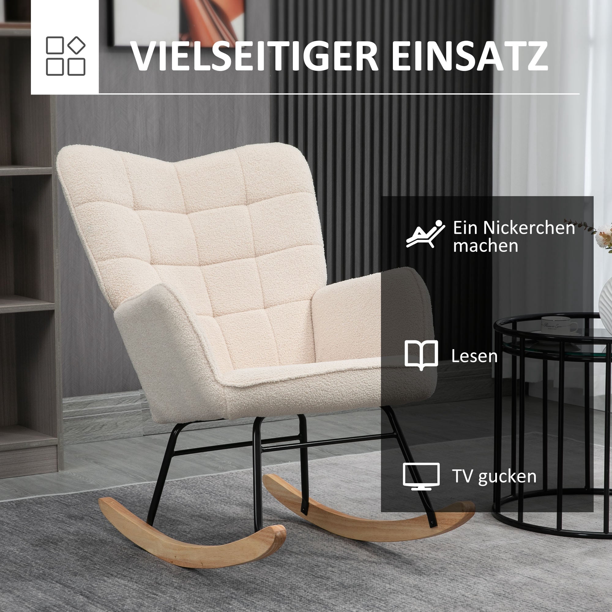 Schaukelstuhl, Schaukelsessel mit Berbervliesoptik, Armlehne, Gepolsterter Sessel mit Holzkufen, Relaxsessel für Wohnzimmer, Schlafzimmer, bis 120kg belastbar, Beige
