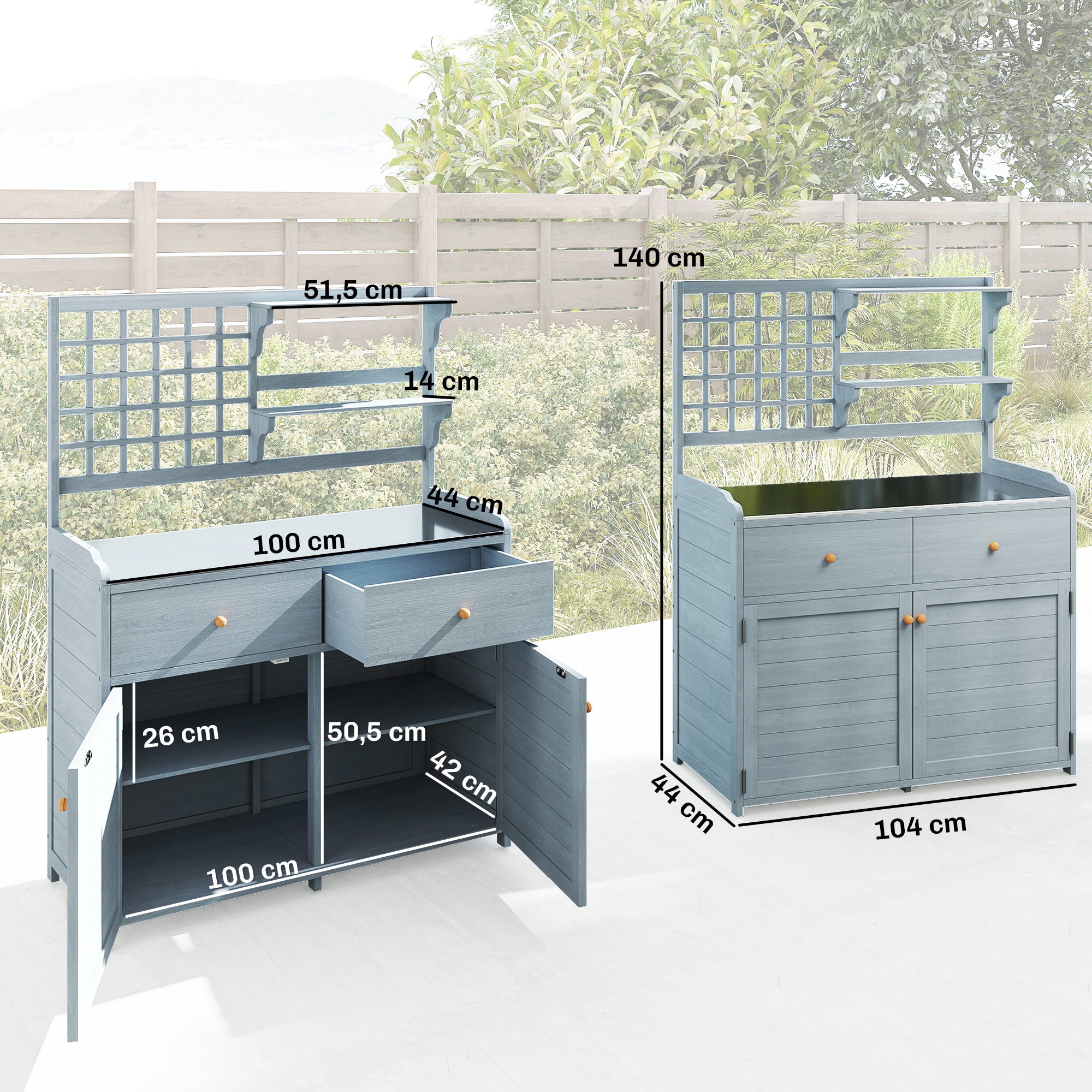 Light Gray Outdoor Potting Bench with Cabinet & Galvanized Worktop, 2 Drawers — 104 x 44 x 140 cm (41 x 17.3 x 55.1 in)