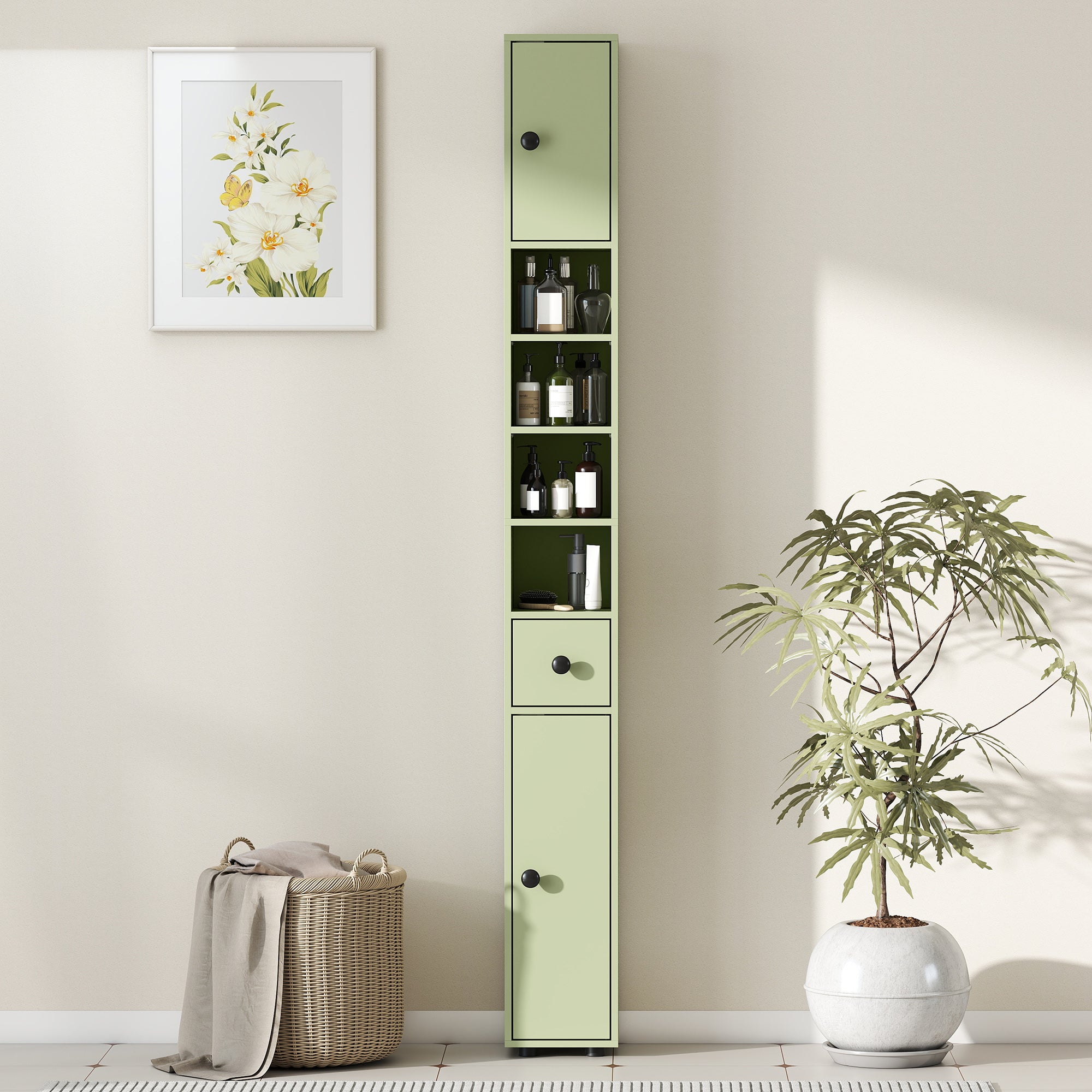 Slim Tall Bathroom Cabinet — Narrow Toilet Storage with Drawer & 4 Open Shelves, Ideal for Small Bathrooms & Living Rooms, 20 x 20 x 180 cm (7.9 x 7.9 x 71 in), Green