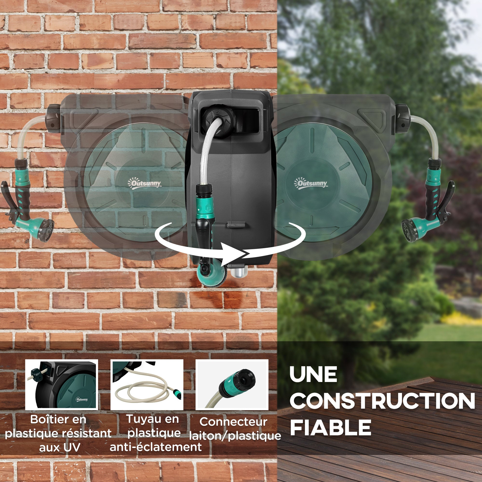 Hose Reel, Water Hose Cart, 30+2 m, with Wall Mount + Handle, 180° swivel, 7 Watering Options, Black