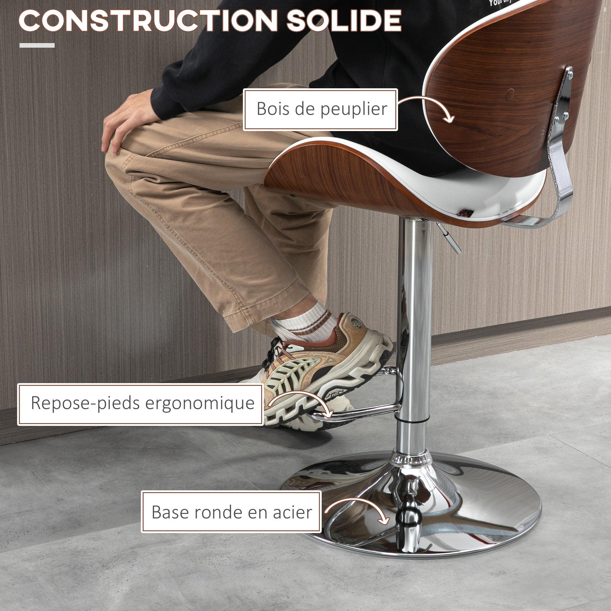 Set of 2 bar stools kitchen chairs with synthetic leather backrest adjustable height swivel footrest white