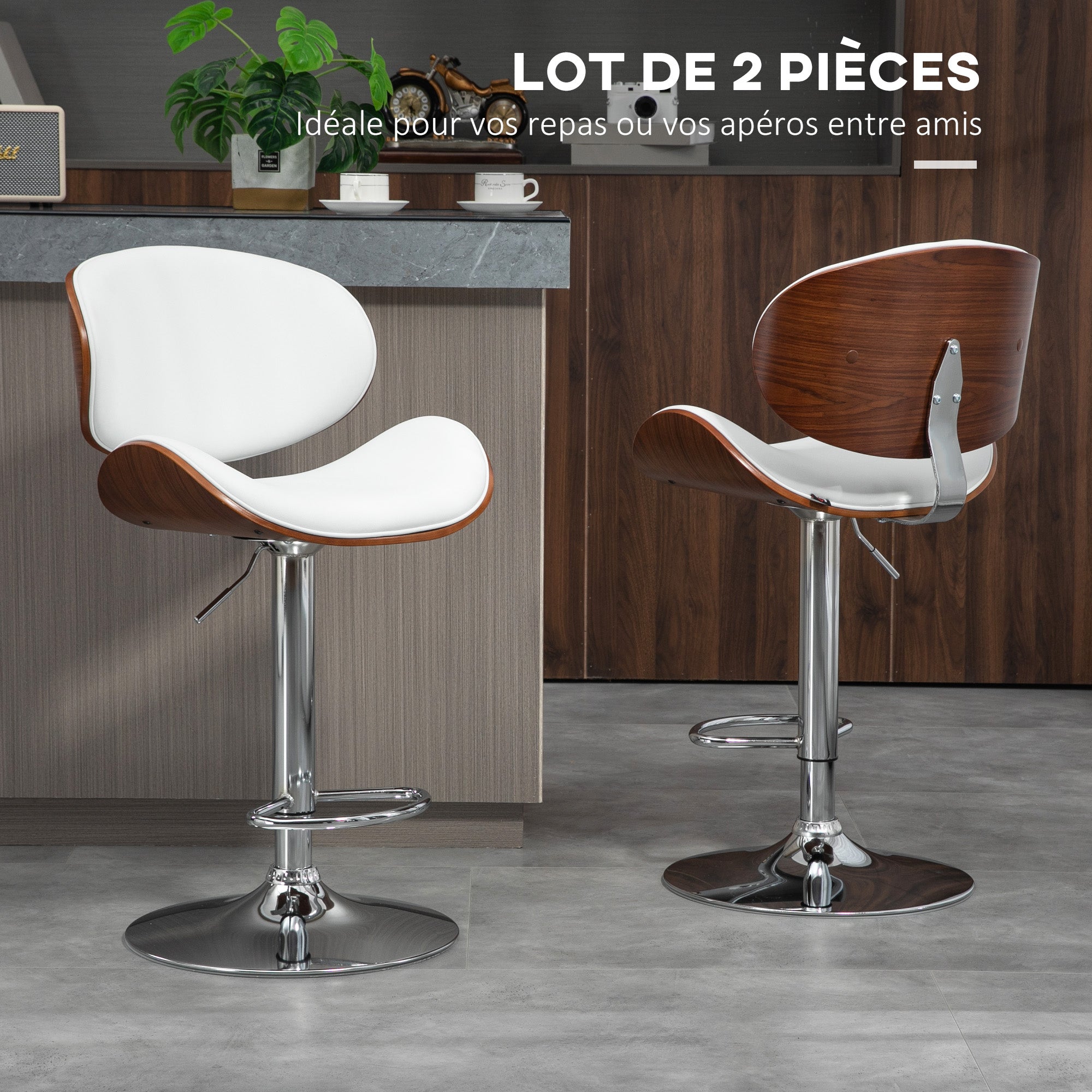 Set of 2 bar stools kitchen chairs with synthetic leather backrest adjustable height swivel footrest white