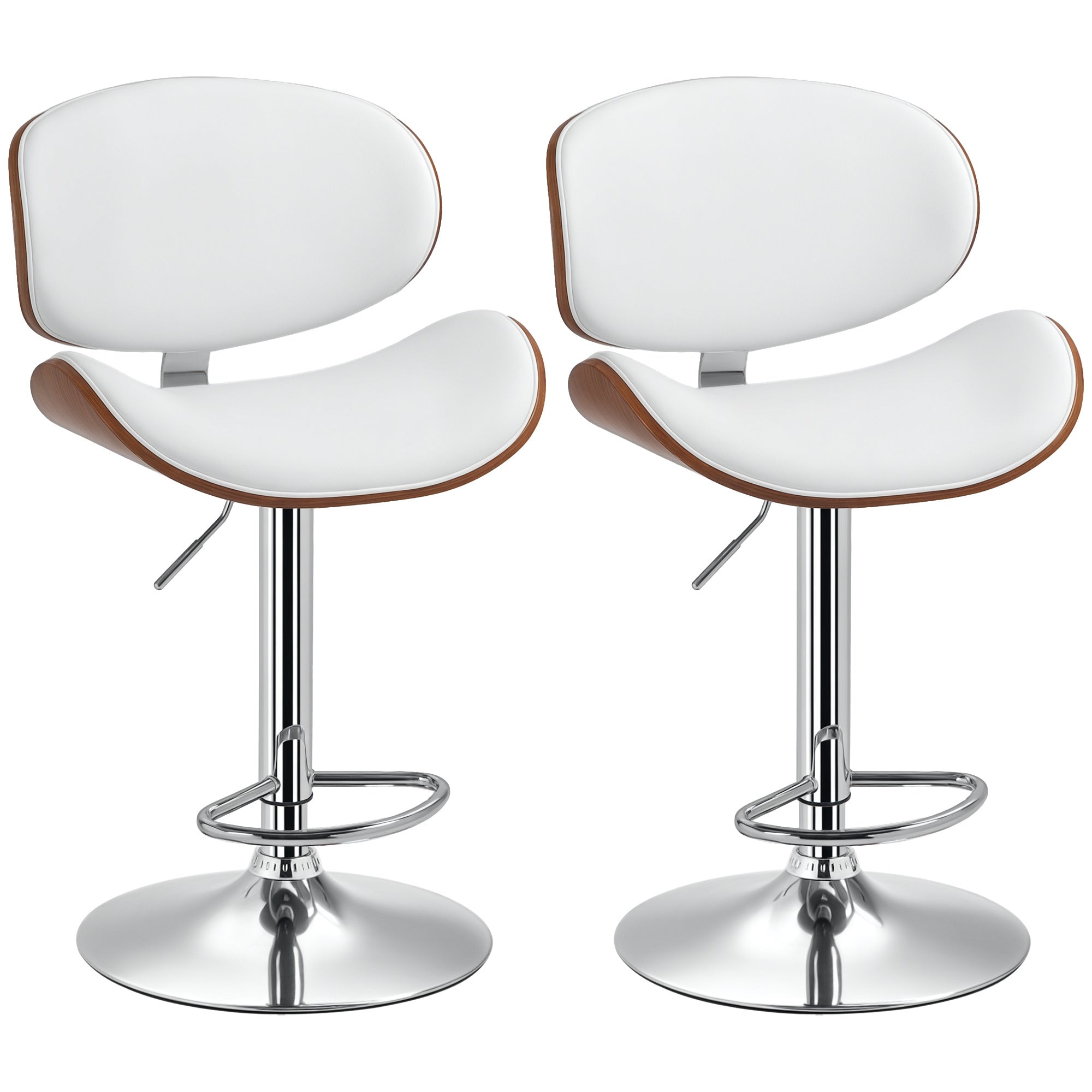 Set of 2 bar stools kitchen chairs with synthetic leather backrest adjustable height swivel footrest white