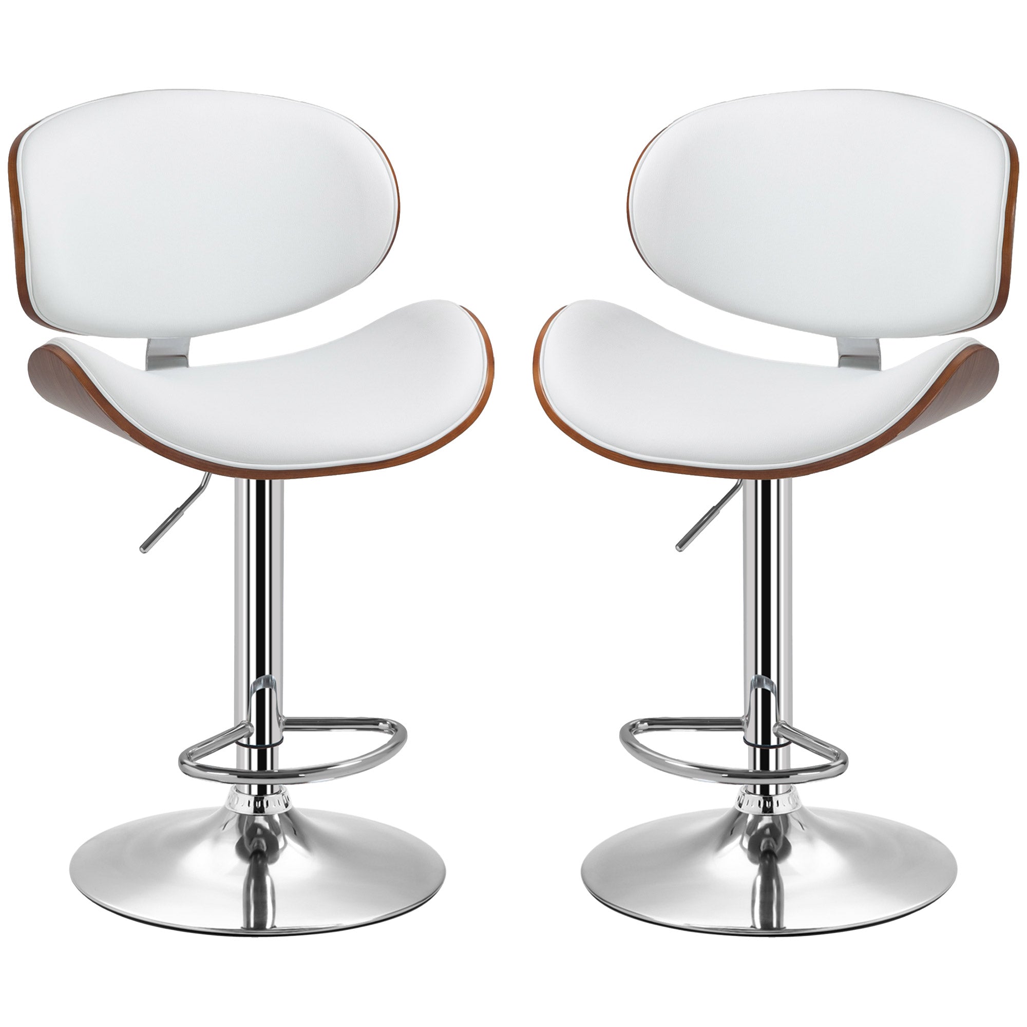 Set of 2 bar stools kitchen chairs with synthetic leather backrest adjustable height swivel footrest white