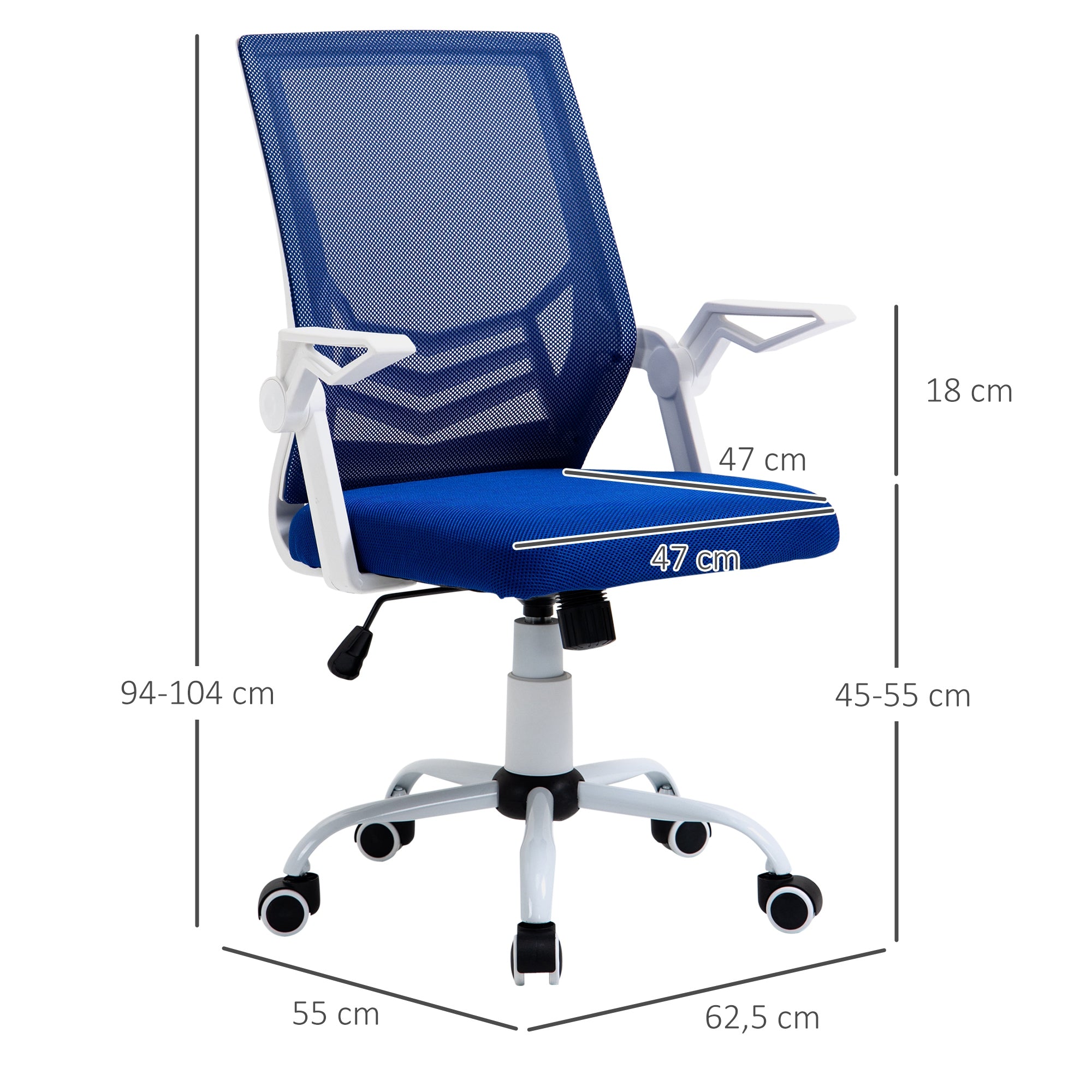 Ergonomic Office Chair Swivel Desk Chair with Adjustable Height Flip-Up Armrest Lumbar Support Breathable for Teens Adults 62.5x55x94-104 cm Blue
