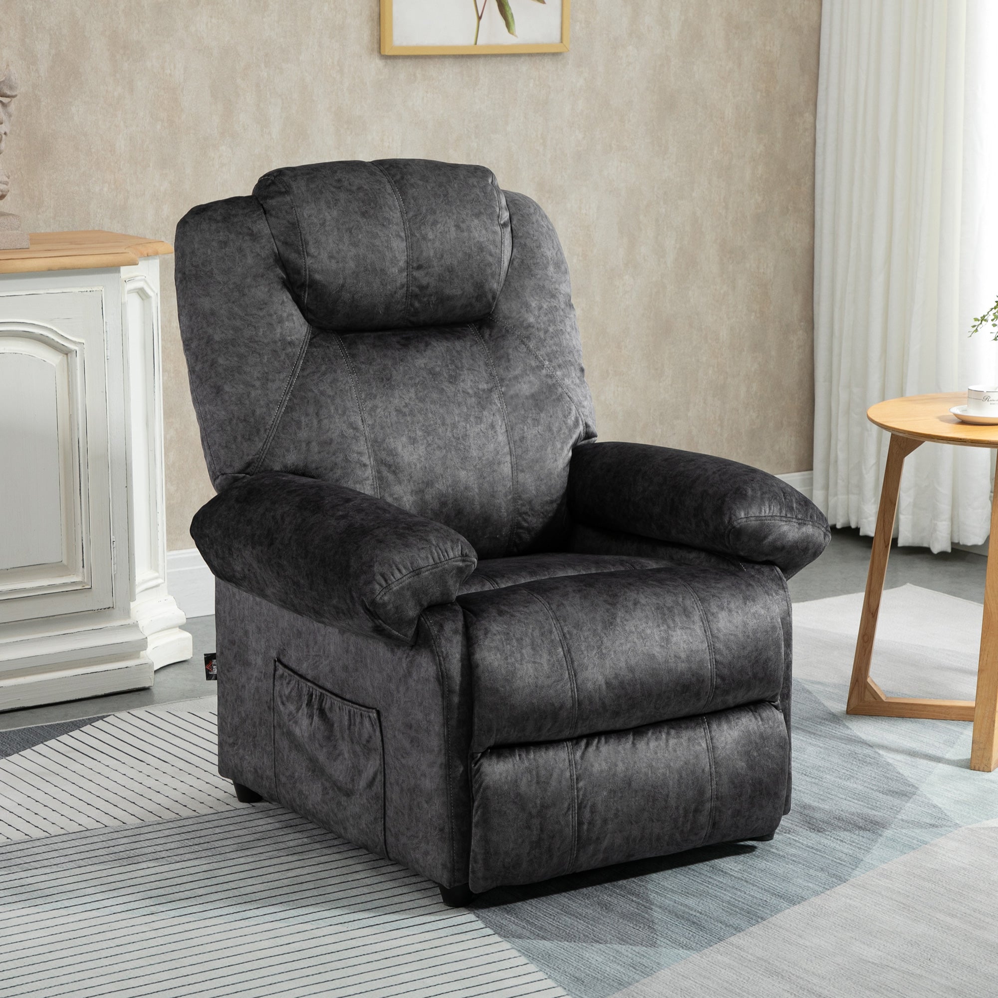Manual Reclining Chair Upholstered in Padded Velvet Reclining Chair with Retractable Footrest and Side Pockets for Living Room Office Bedroom 88x91x108 cm Black