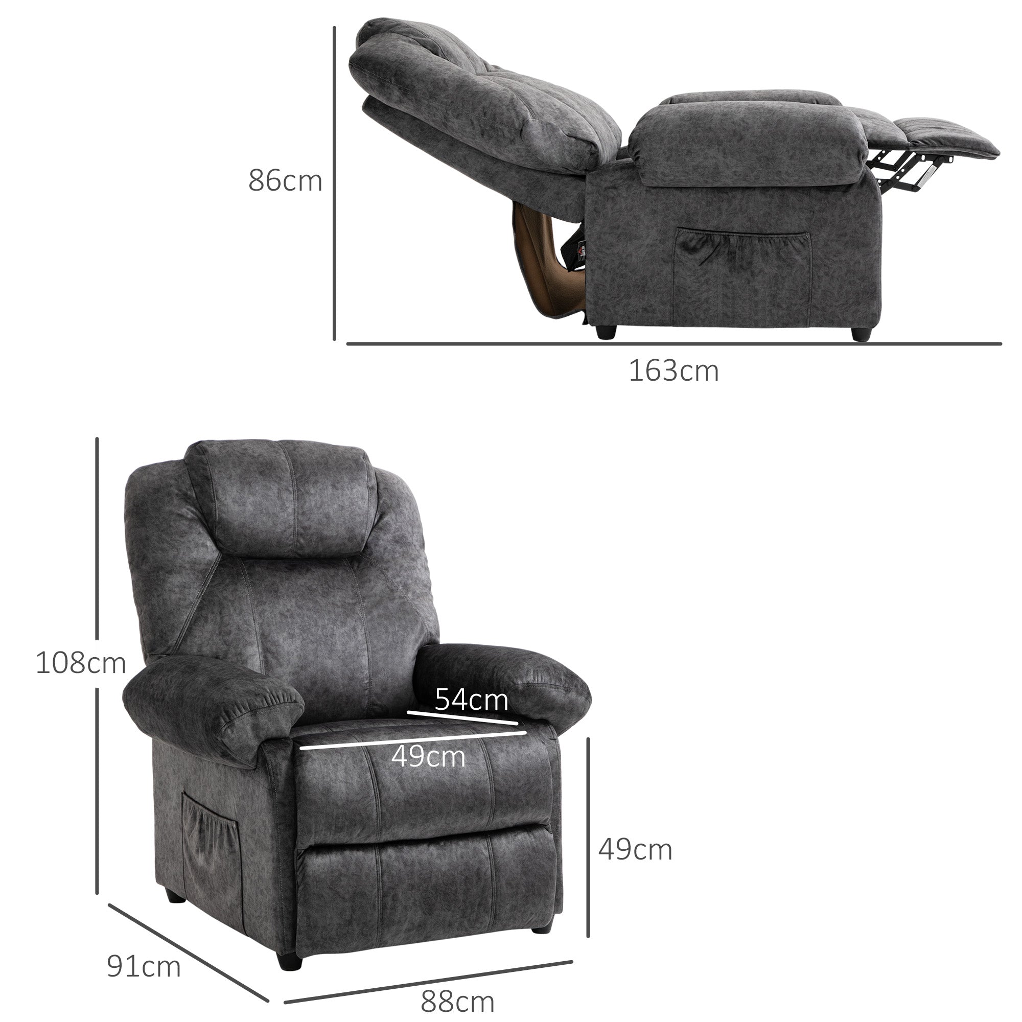 Manual Reclining Chair Upholstered in Padded Velvet Reclining Chair with Retractable Footrest and Side Pockets for Living Room Office Bedroom 88x91x108 cm Black