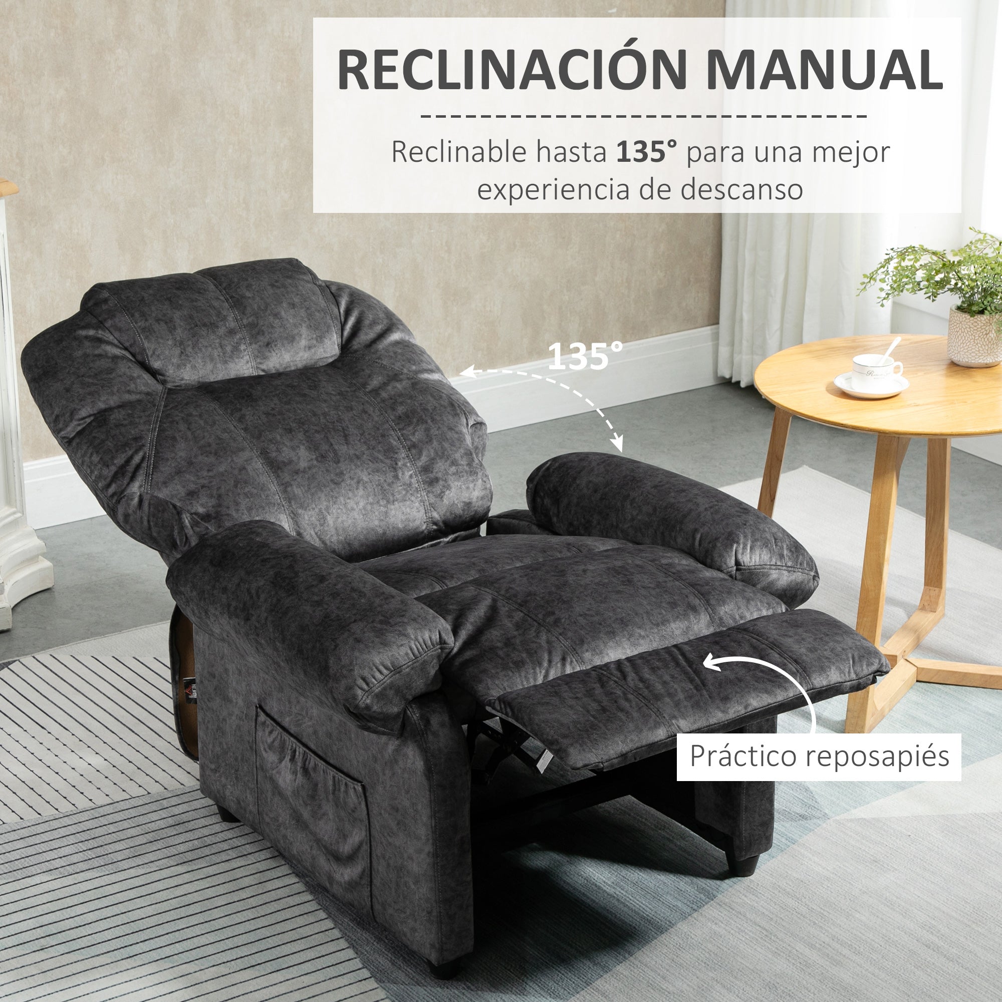 Manual Reclining Chair Upholstered in Padded Velvet Reclining Chair with Retractable Footrest and Side Pockets for Living Room Office Bedroom 88x91x108 cm Black