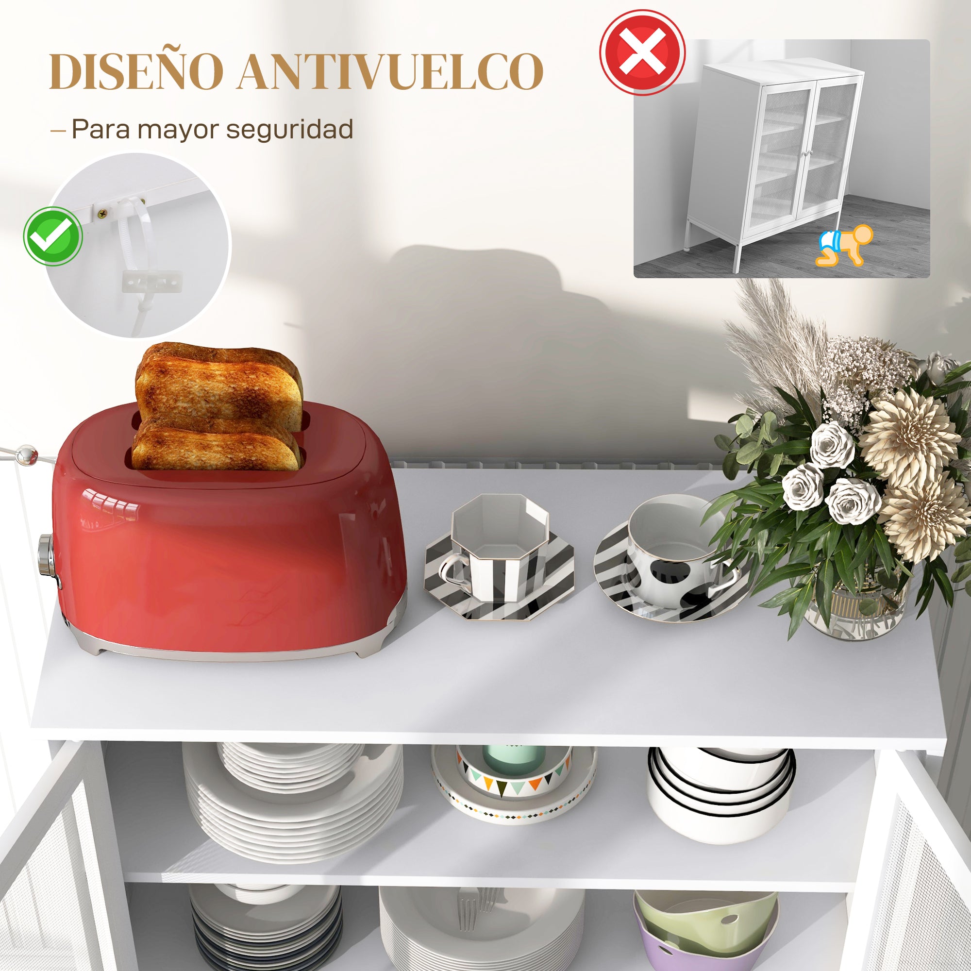 3-Tier Kitchen Sideboard Sideboard with Mesh Doors and Adjustable Shelf Modern Kitchen Buffet for Living Room Dining Room 80x37x92 cm White