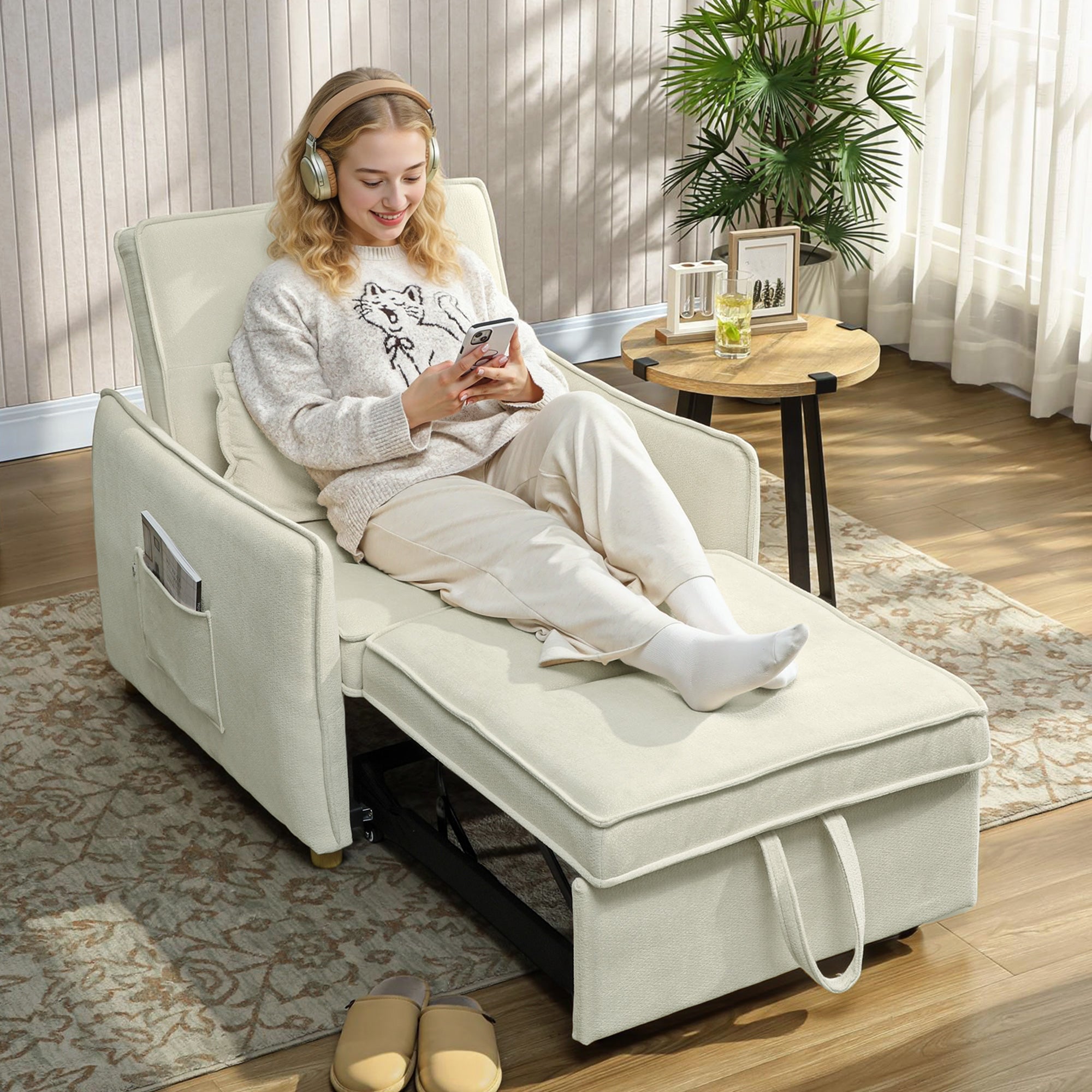 3-in-1 Convertible Sleeper Chair — Reclines to 180°, Wide Seat, Chenille, Cream