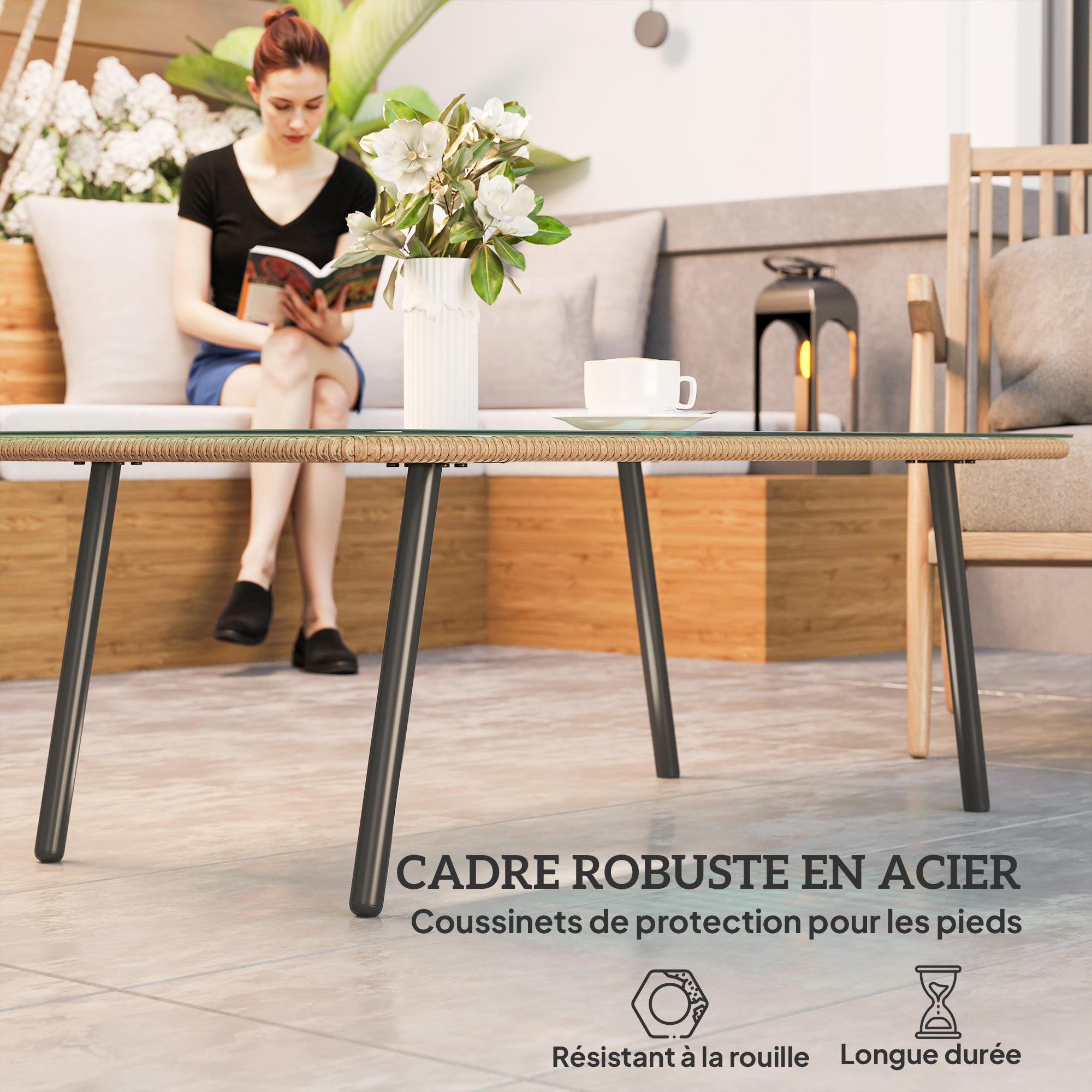 Outdoor Garden Coffee Table in Woven Resin with 5mm Tempered Glass Top, Side Table for Outdoor, Garden, Patio, Terrace, Balcony, Steel Frame 110 x 60 x 40 cm, Natural Wood Effect