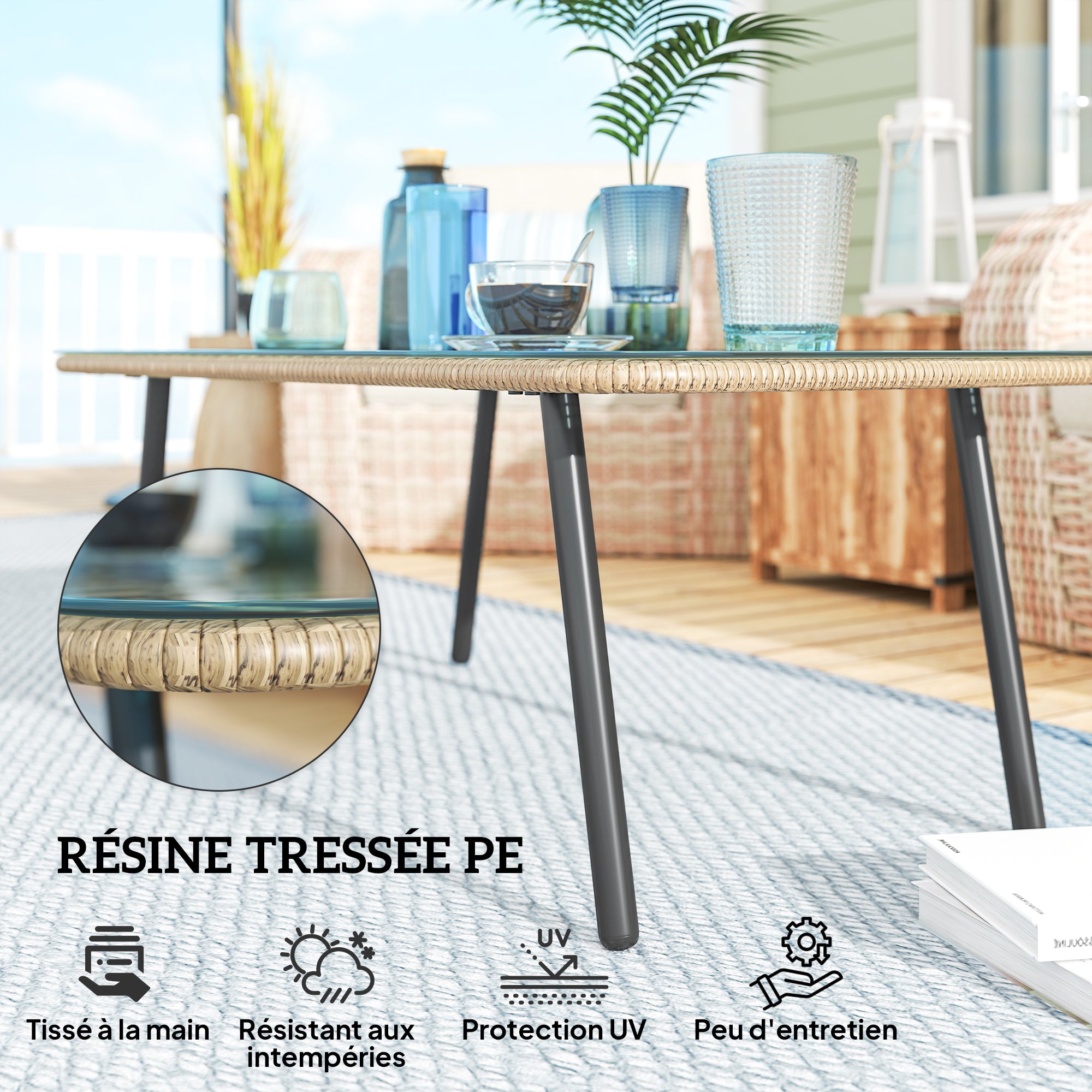 Outdoor Garden Coffee Table in Woven Resin with 5mm Tempered Glass Top, Side Table for Outdoor, Garden, Patio, Terrace, Balcony, Steel Frame 110 x 60 x 40 cm, Natural Wood Effect