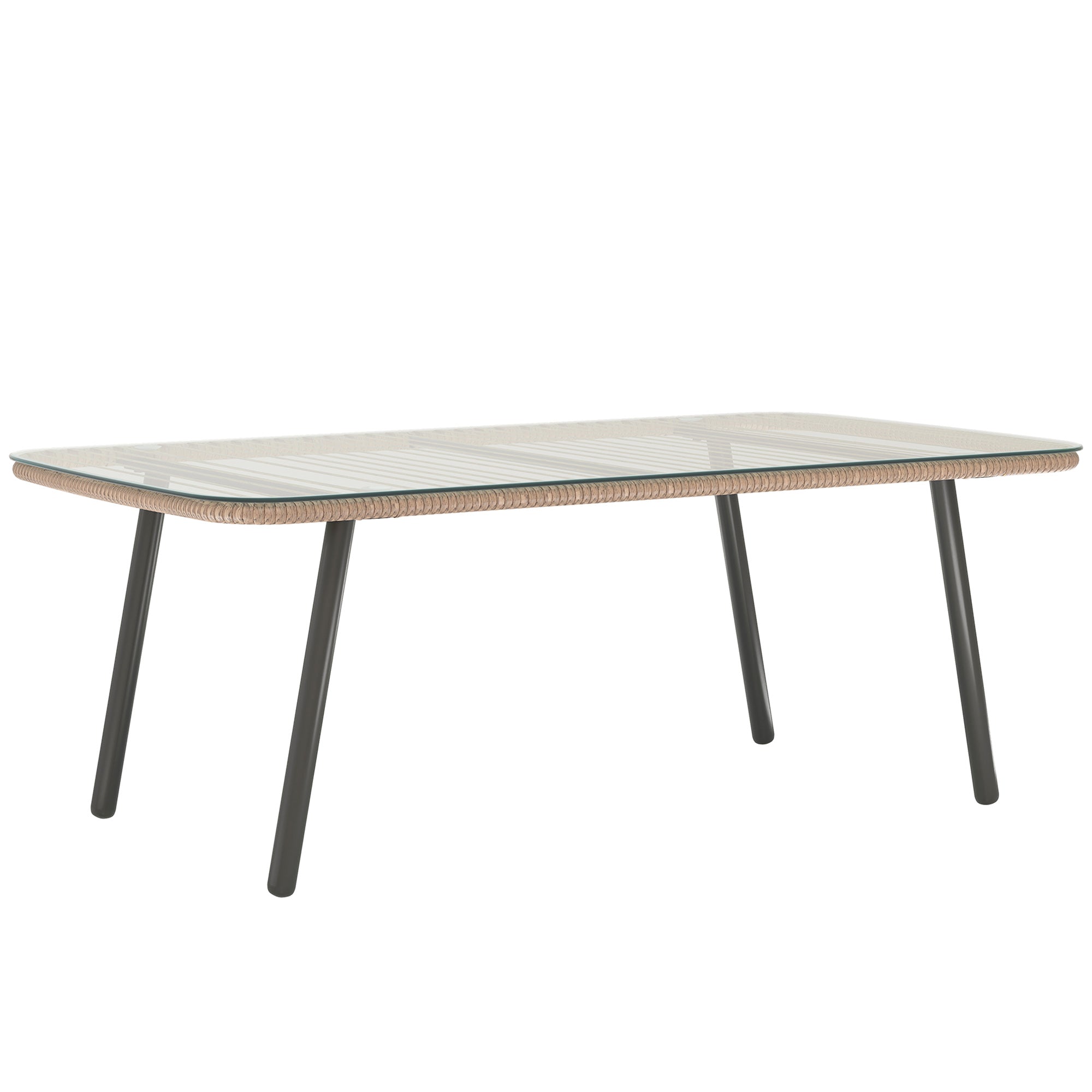 Outdoor Garden Coffee Table in Woven Resin with 5mm Tempered Glass Top, Side Table for Outdoor, Garden, Patio, Terrace, Balcony, Steel Frame 110 x 60 x 40 cm, Natural Wood Effect