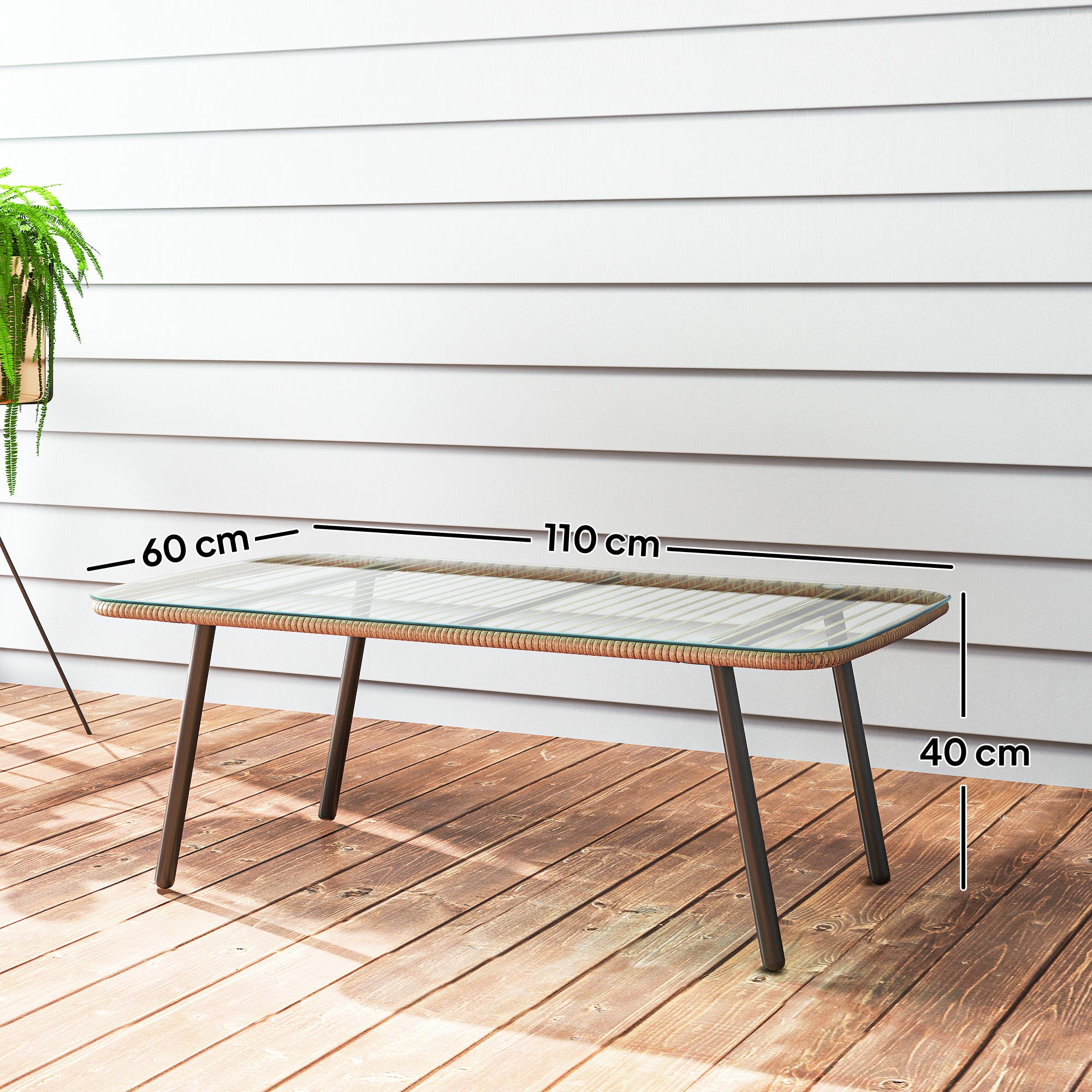 Outdoor Garden Coffee Table in Woven Resin with 5mm Tempered Glass Top, Side Table for Outdoor, Garden, Patio, Terrace, Balcony, Steel Frame 110 x 60 x 40 cm, Natural Wood Effect