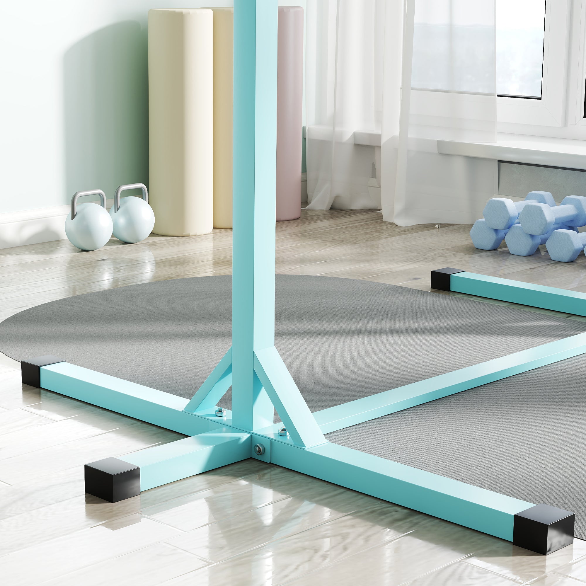 Adjustable Kids Gym Bar – 13 Heights (36–59 in), Beech Wood Bar & Steel Frame, Anti-Slip, Cyan