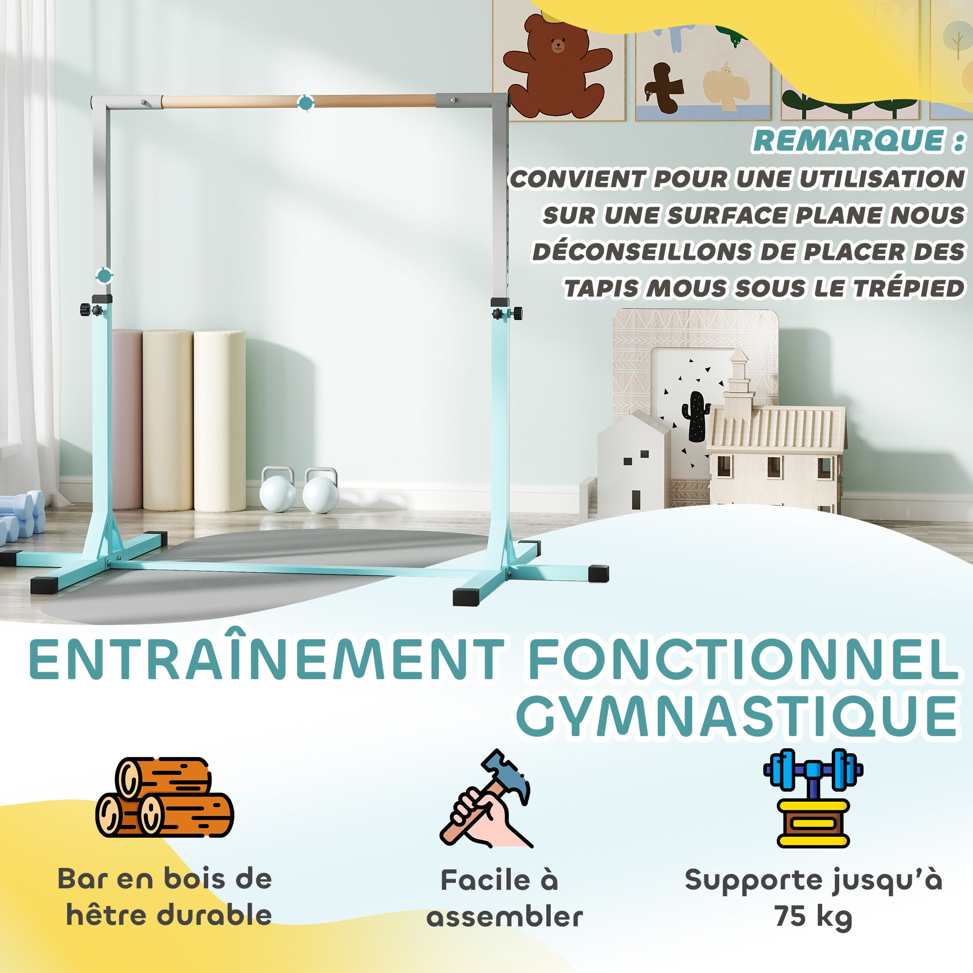 Adjustable Kids Gym Bar – 13 Heights (36–59 in), Beech Wood Bar & Steel Frame, Anti-Slip, Cyan