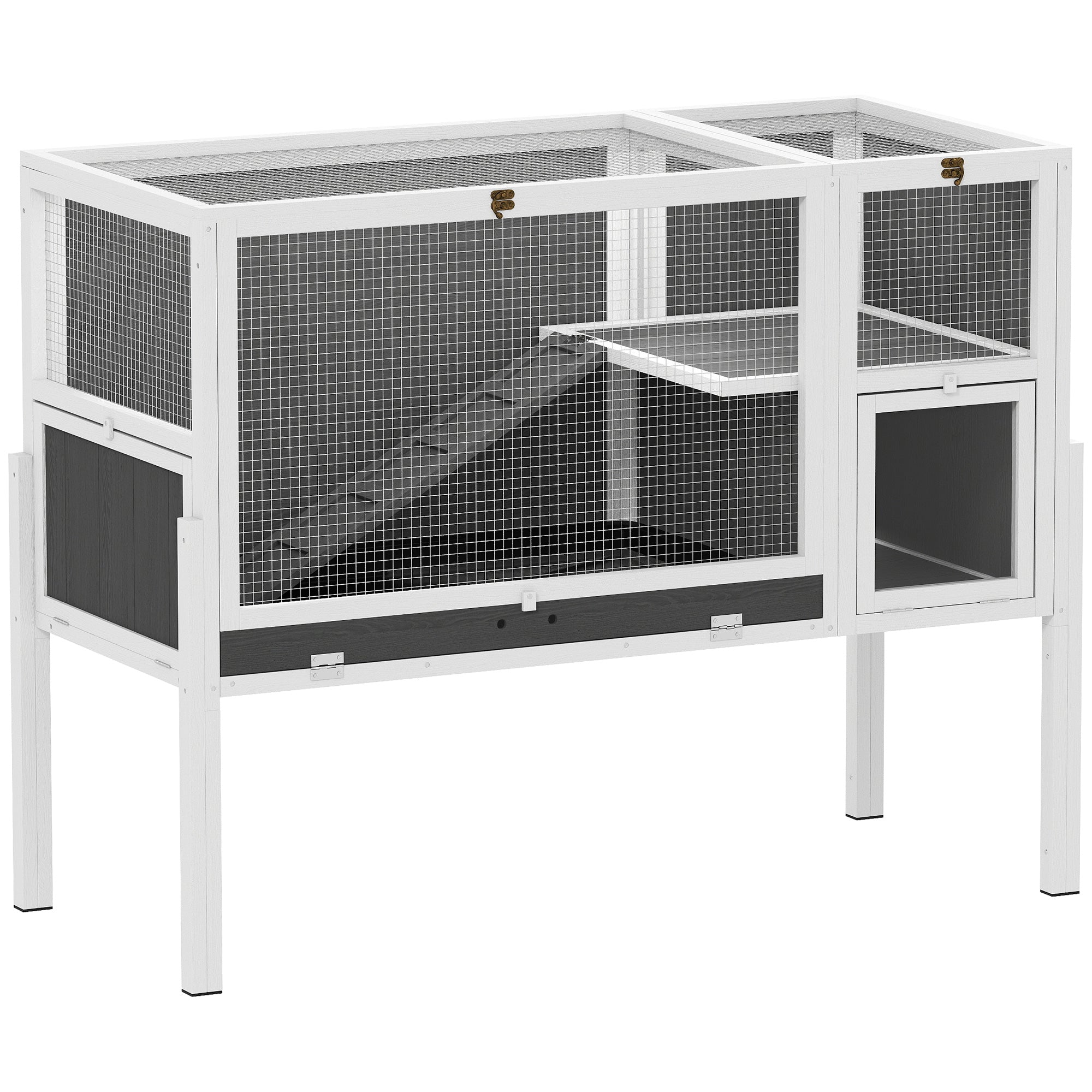 Convertible Wooden Rabbit Hutch with Ramp, 120 x 53 x 93 cm (47.2 x 20.9 x 36.6 in) – Indoor Small Pet Hutch with Nesting Area, Removable Tray, White & Gray