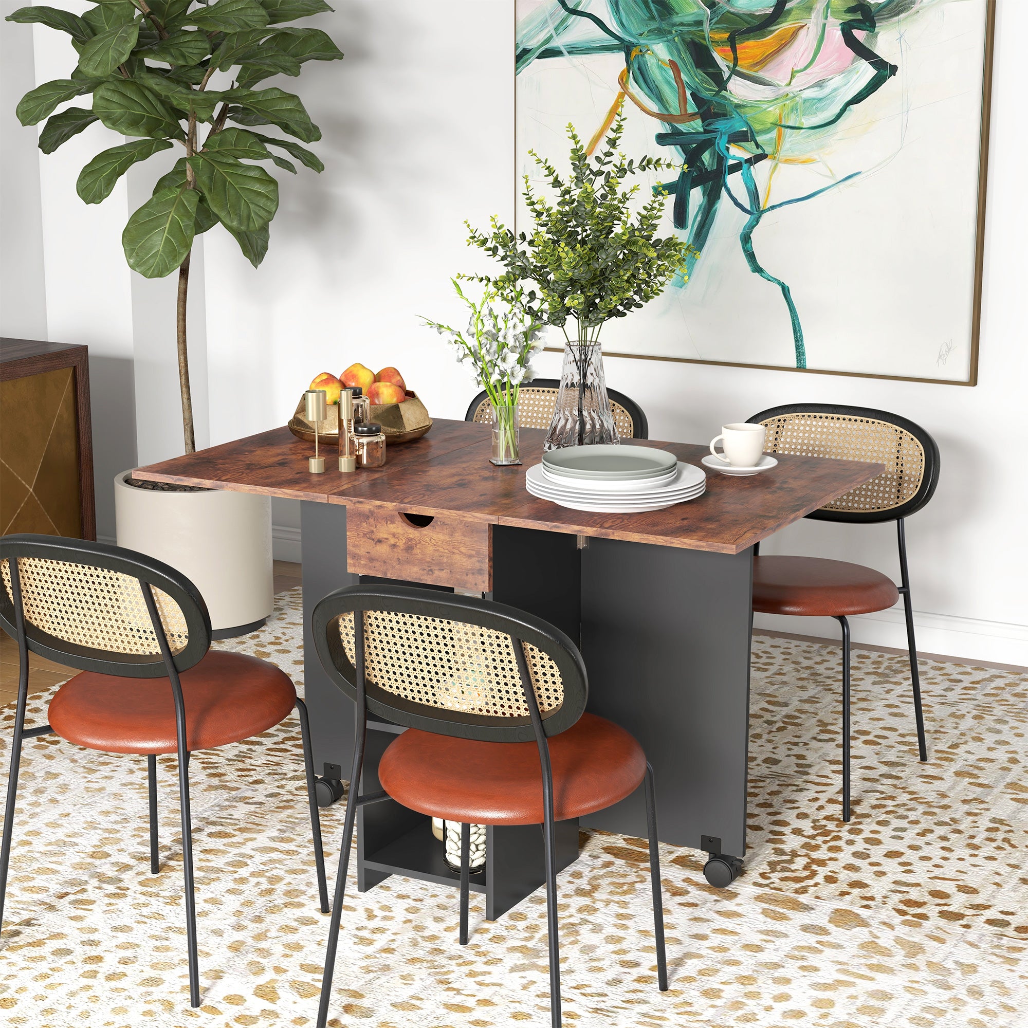 Folding Dining Table Kitchen Table with Wheels Foldable Wings Drawer and Shelves for 2-4 People 120x72x75 cm Rustic Brown and Black