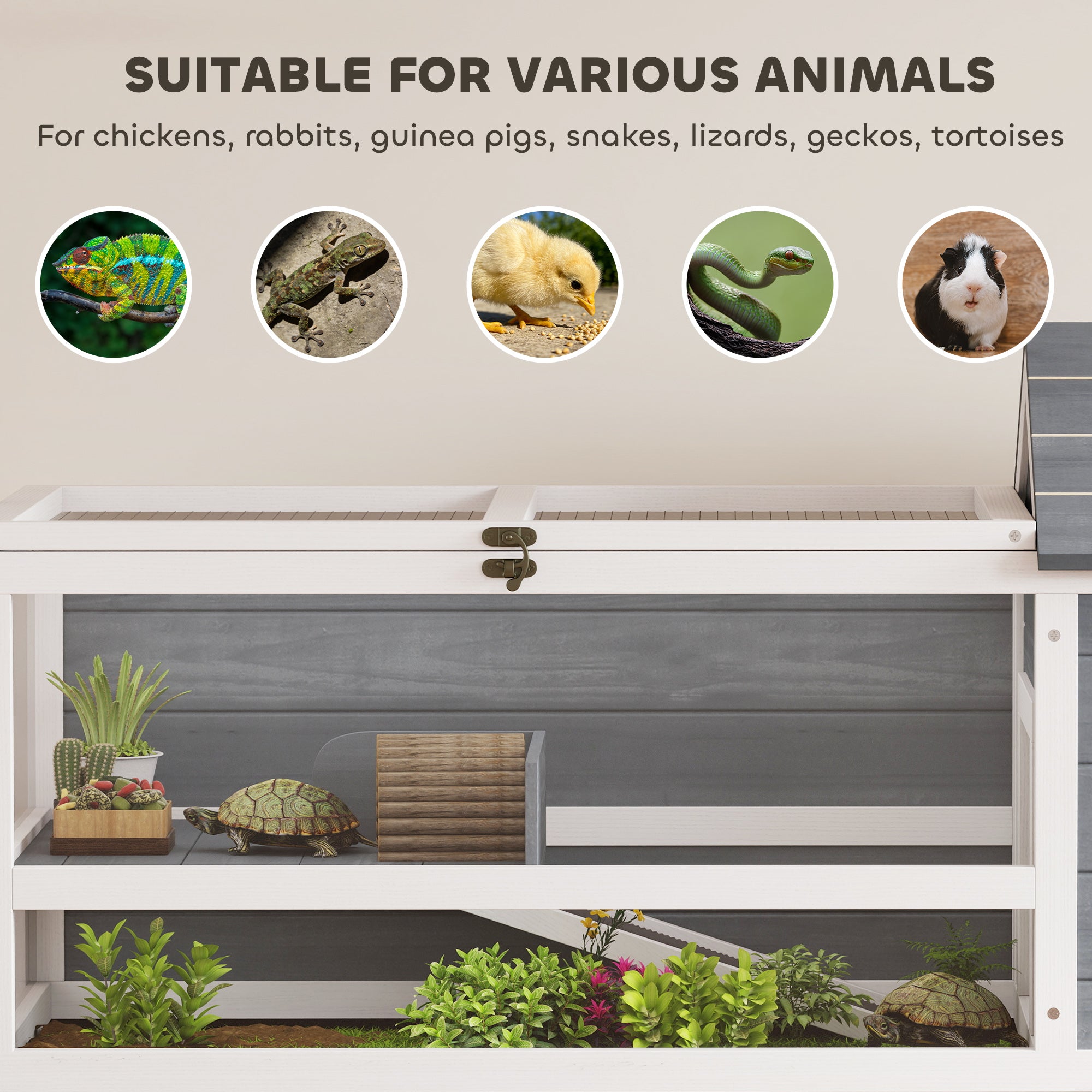 Wooden Turtle House – Elevated Reptile Terrarium with Adjustable Lamp Mount, Hinged Tops, Removable Tray & Storage Shelf