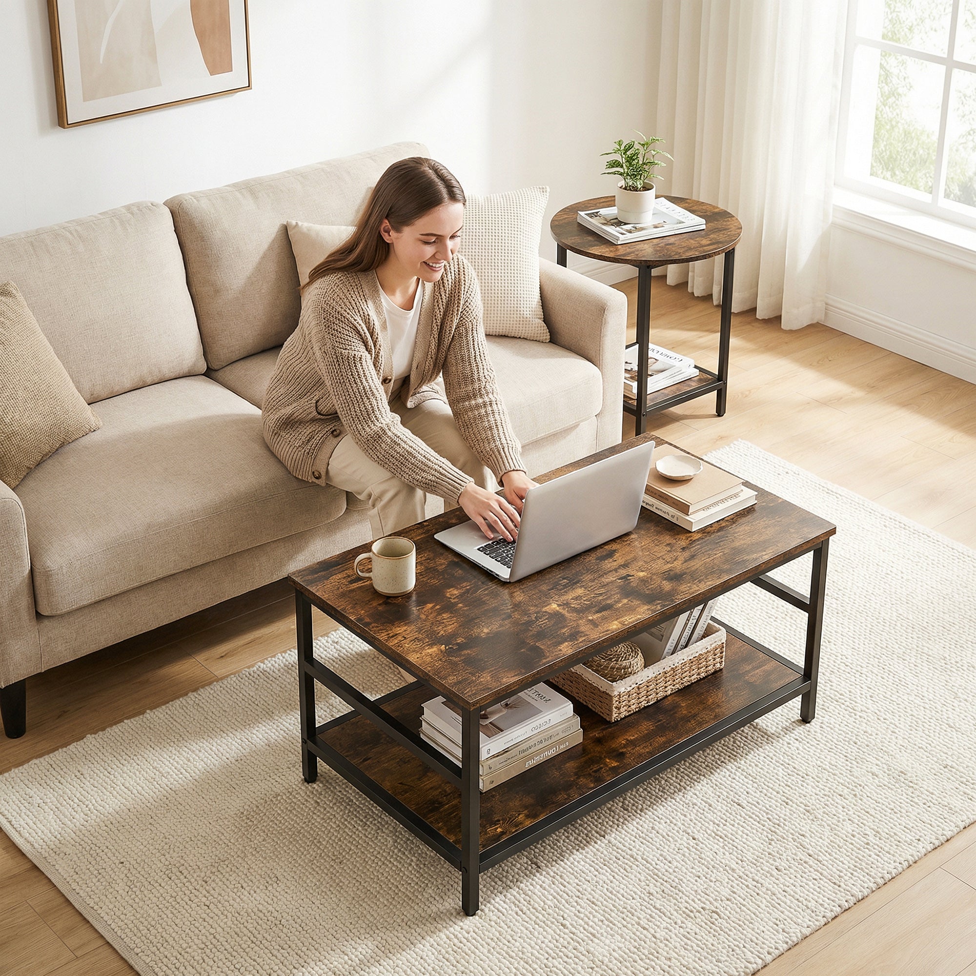 2-Piece Coffee & Side Table Set with Shelves, Modern Rustic Brown Living Room Tables with Black Steel Frame