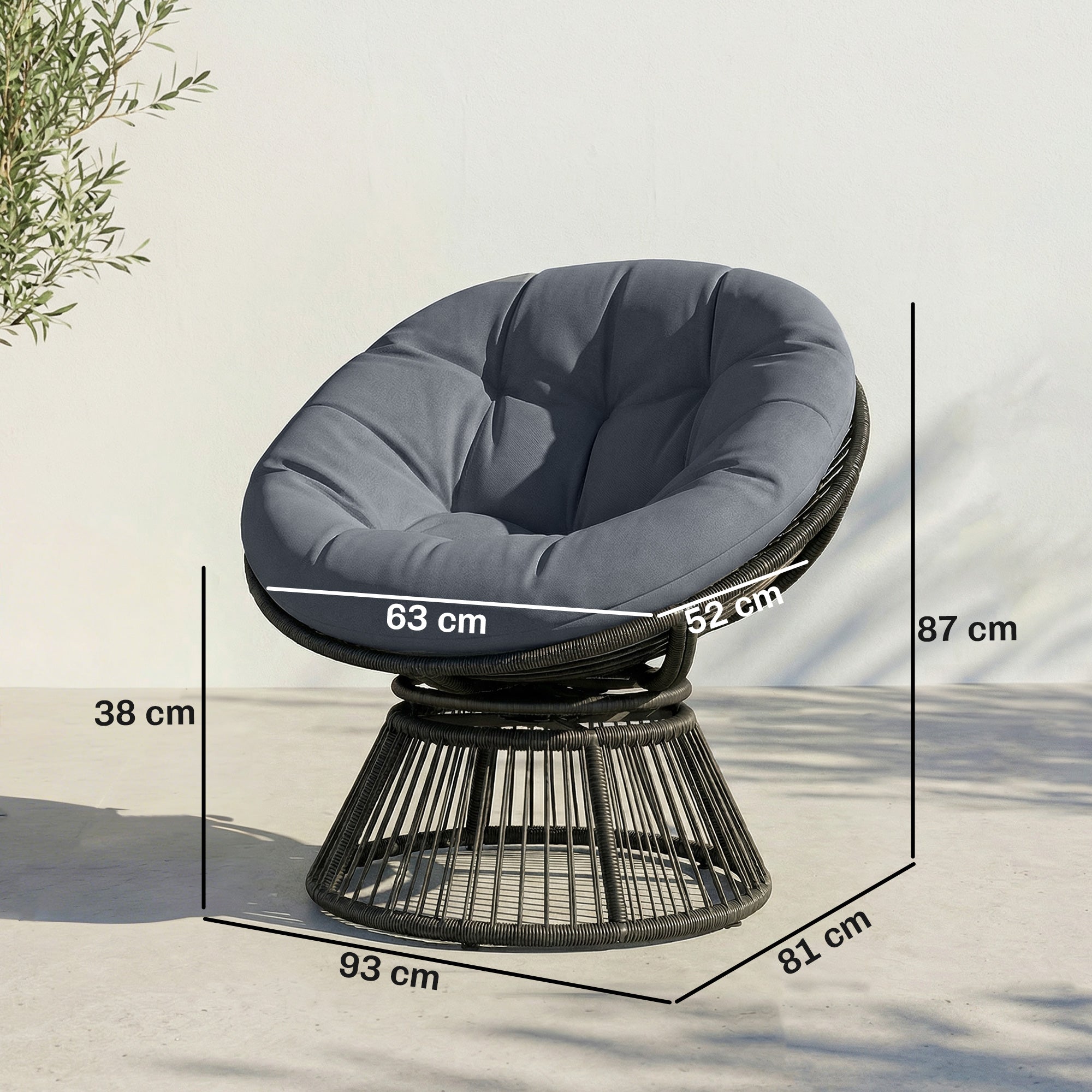 360° Swivel Papasan Chair — Round Polyrattan Lounger with Cushion, Steel Frame — Gray