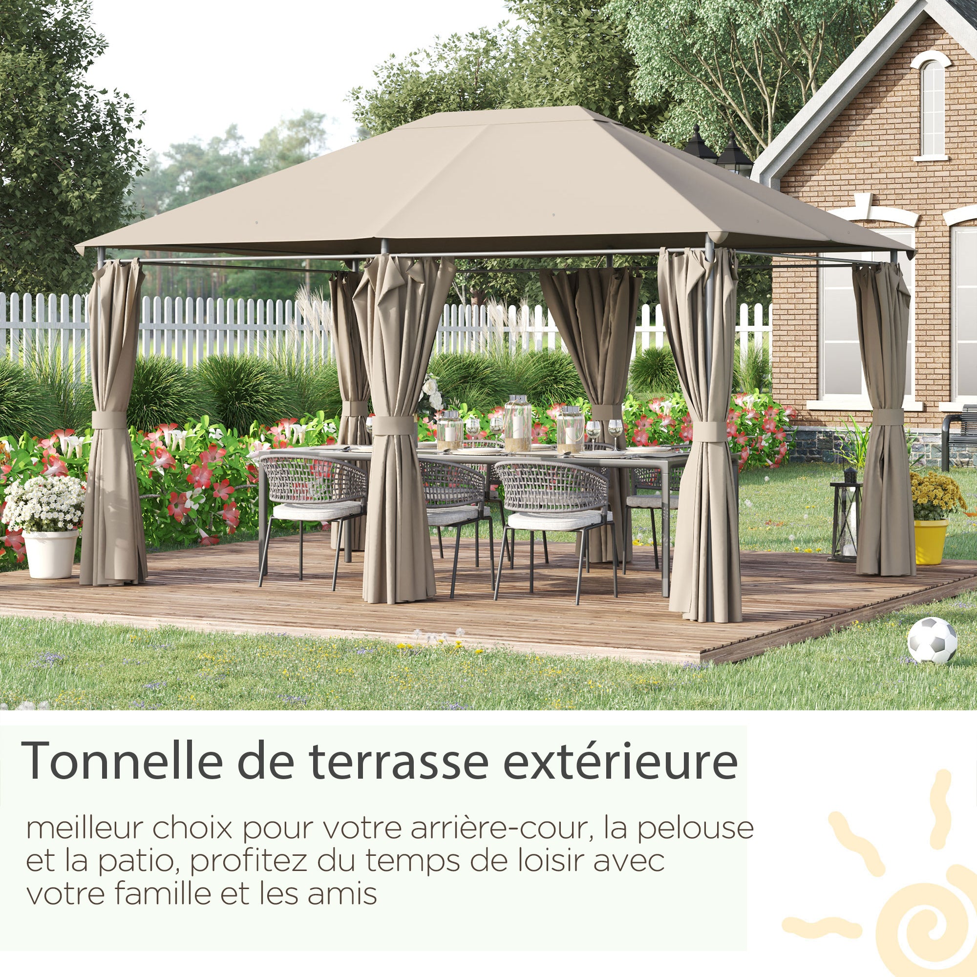 Garden Pavilion Gazebo Colonial Style Double Roof Removable Side Curtains 4L x 3W x 2.72H m khaki
