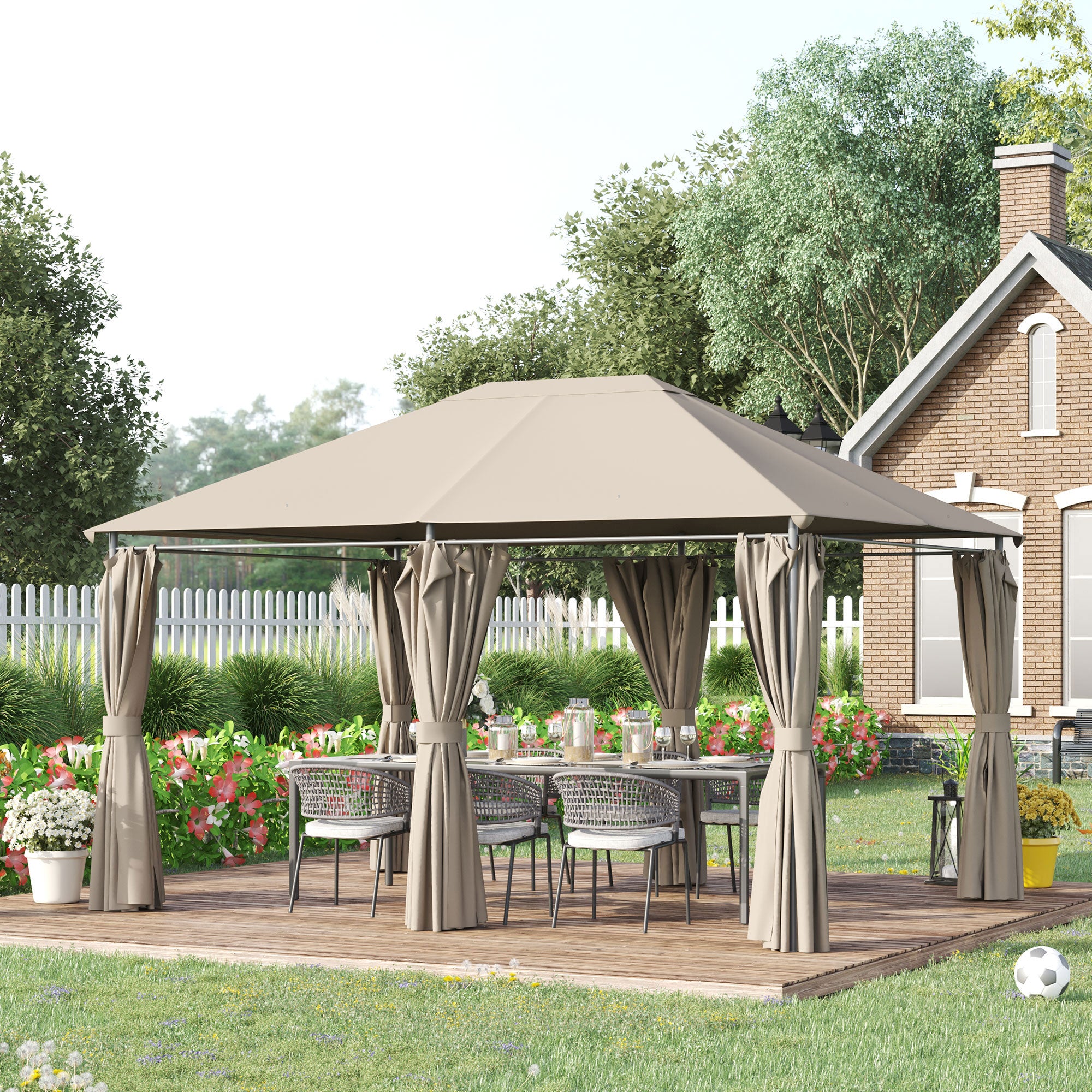 Garden Pavilion Gazebo Colonial Style Double Roof Removable Side Curtains 4L x 3W x 2.72H m khaki