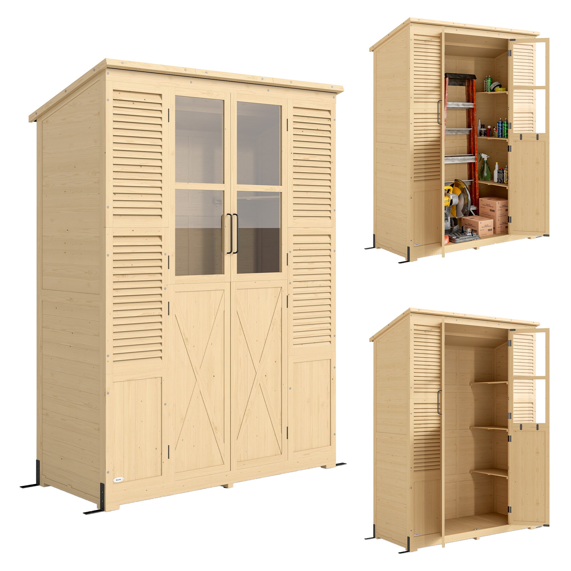 Walk-In Fir Wood Garden Shed with Asphalt Sloped Roof, 4 Windows, 6 Shelves, Ventilation & Anti-Tip Kit — 57.9 x 26.8 x 78.0 in (147 x 68 x 198 cm), Natural Wood