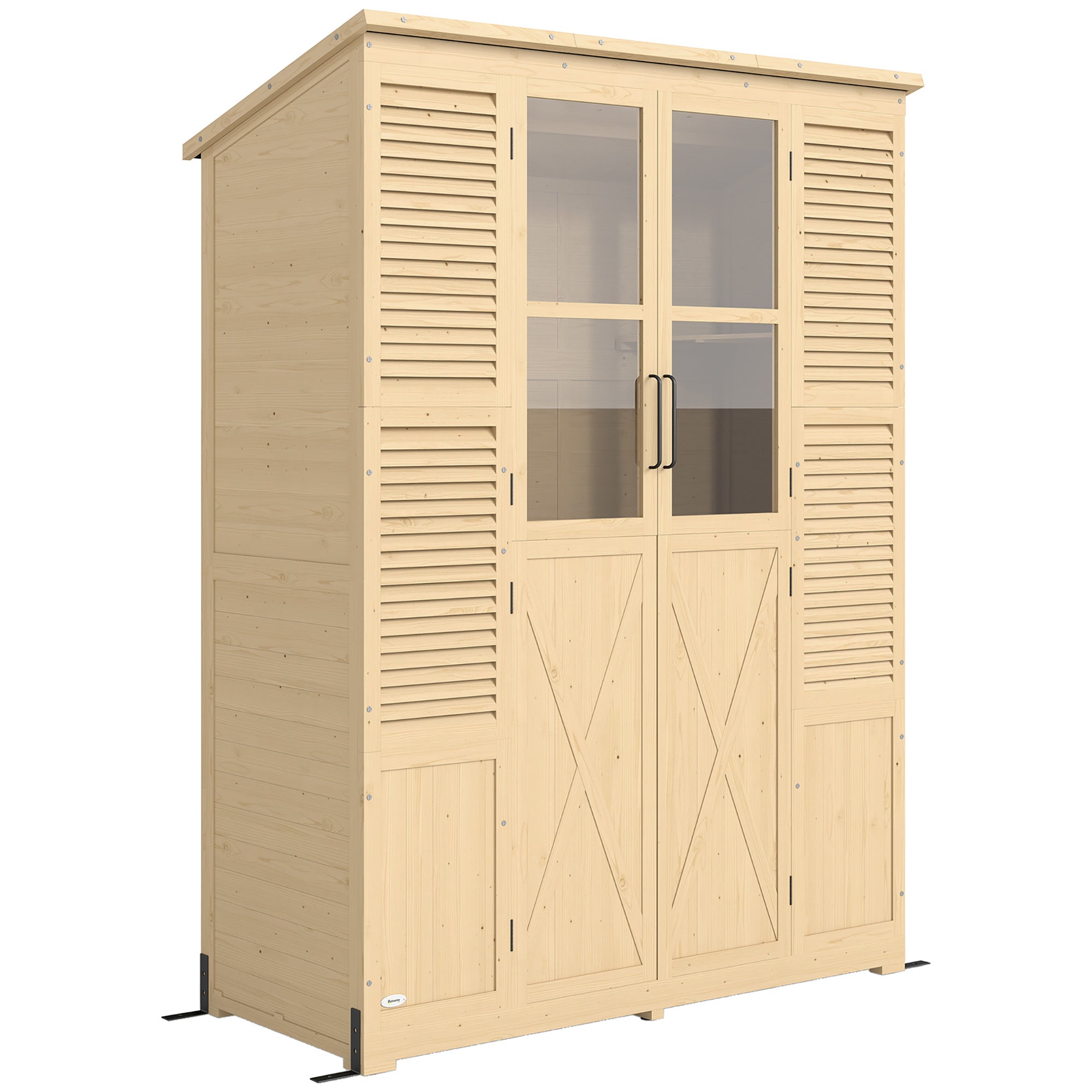 Walk-In Fir Wood Garden Shed with Asphalt Sloped Roof, 4 Windows, 6 Shelves, Ventilation & Anti-Tip Kit — 57.9 x 26.8 x 78.0 in (147 x 68 x 198 cm), Natural Wood