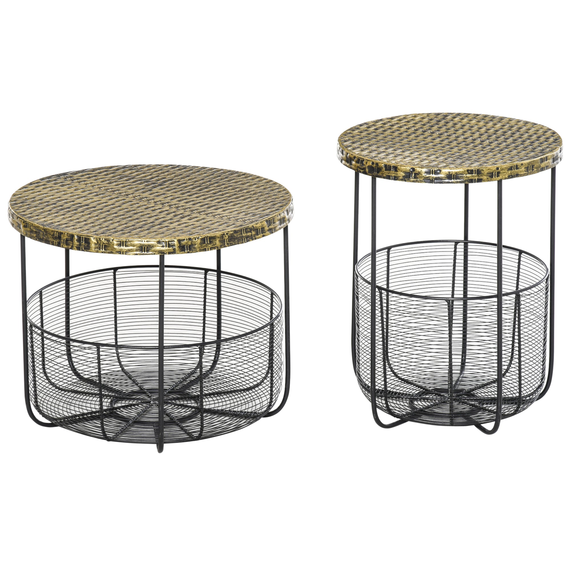 Set of 2 Metal Garden Tables with Baskets, Industrial Style Outdoor Decor Black