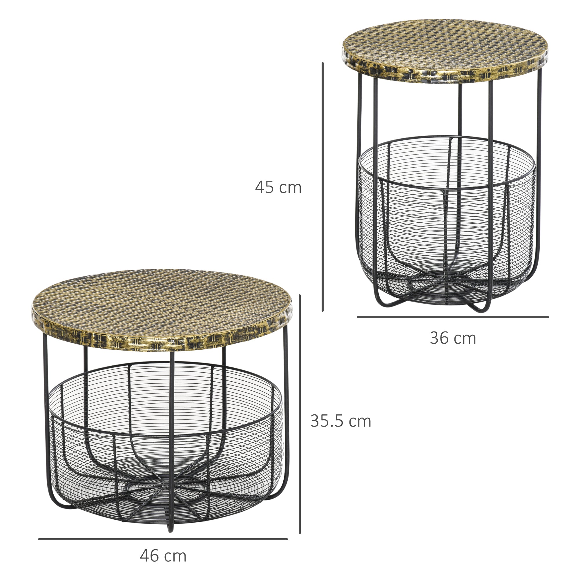Set of 2 Metal Garden Tables with Baskets, Industrial Style Outdoor Decor Black