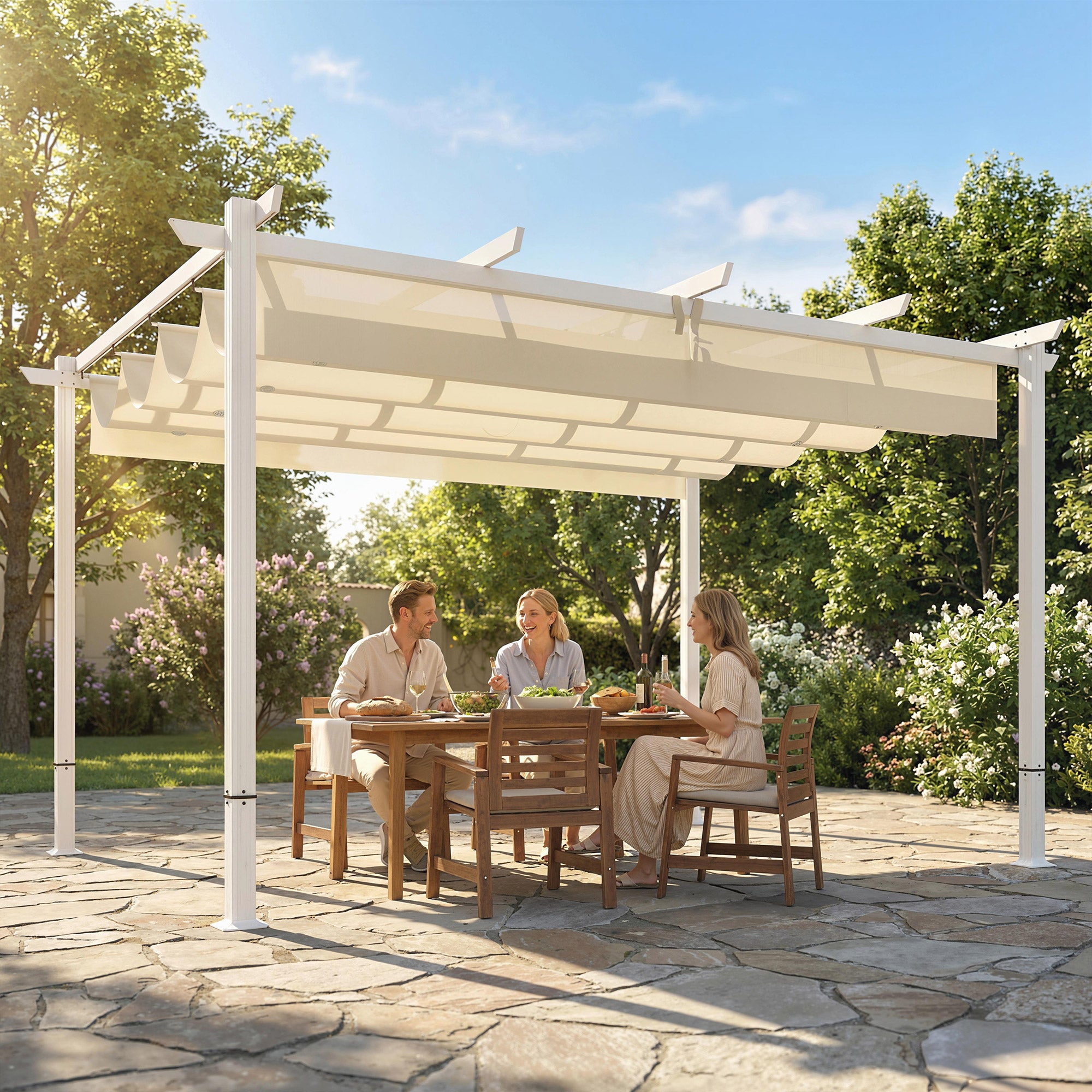 12 ft 10 in x 9 ft 9 in Retractable Roof Pergola, Magnetic Closures, UPF30+ Sun Shade, Freestanding Patio Gazebo with Drainage, Beige