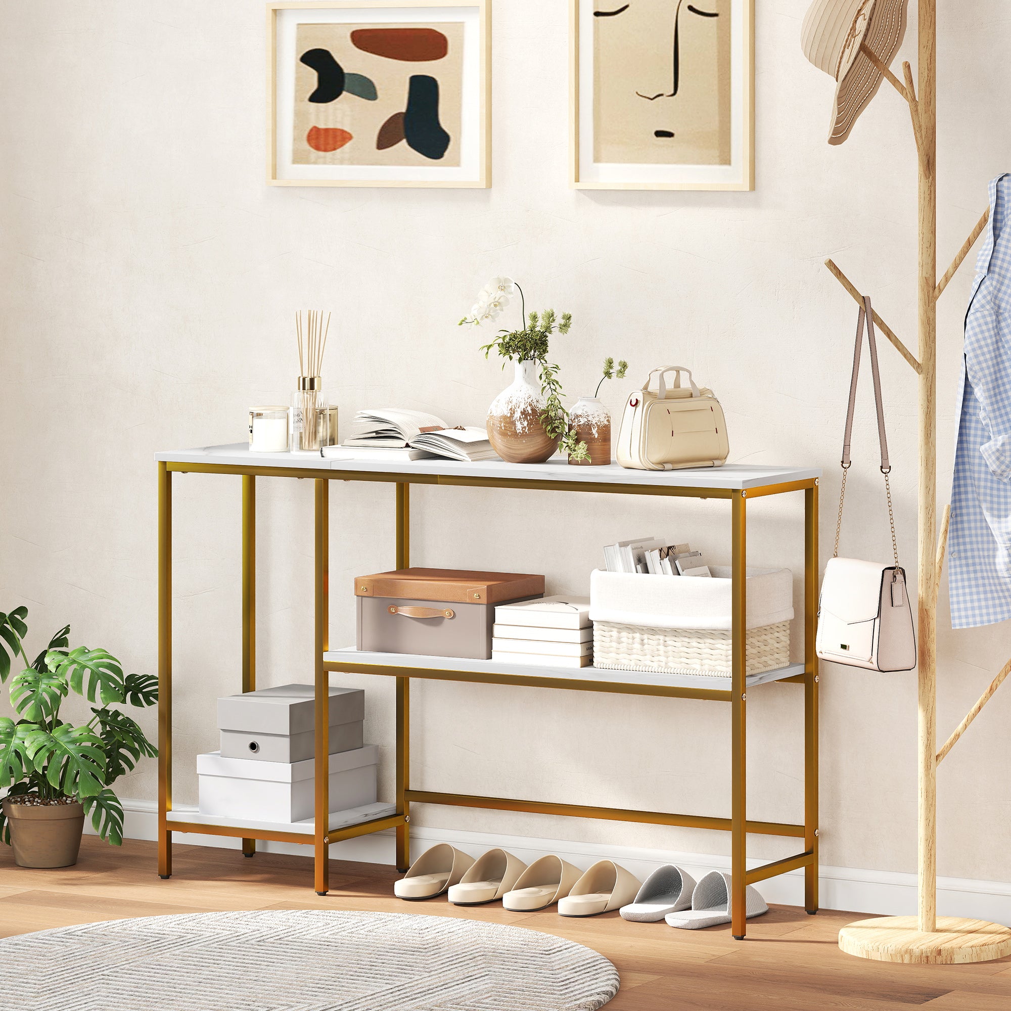 Console Table 47.2 in, 3-Tier Console with Shelves, Marble-Effect Tops, Metal Frame, Entryway & Hall Table, White/Gold