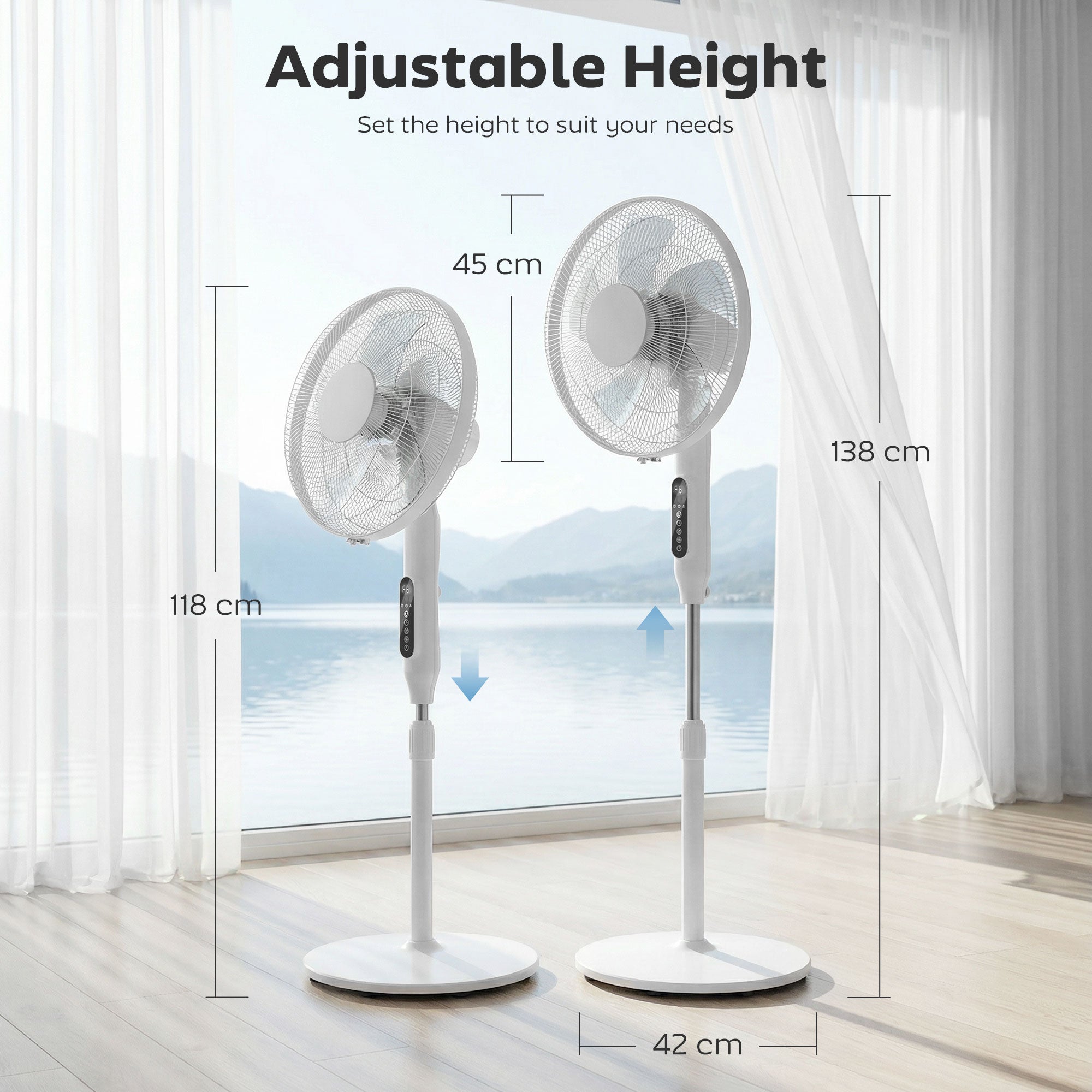 18" Smart Pedestal Fan — App & Remote, 3 Speeds/3 Modes, Adjustable 46.5–54.3 in Height, 15H Timer, Oscillating, White