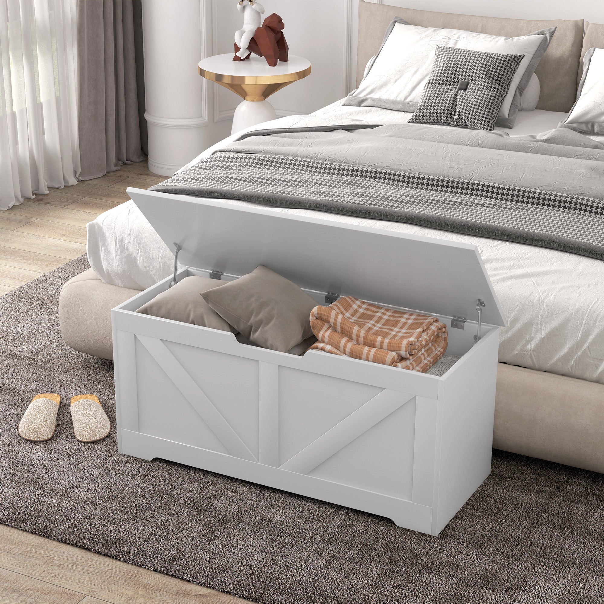 Storage Bench with Safety Hinges, Toy Box Storage Bench 127L Capacity for Entryway and Room, 100x40x45 cm, White