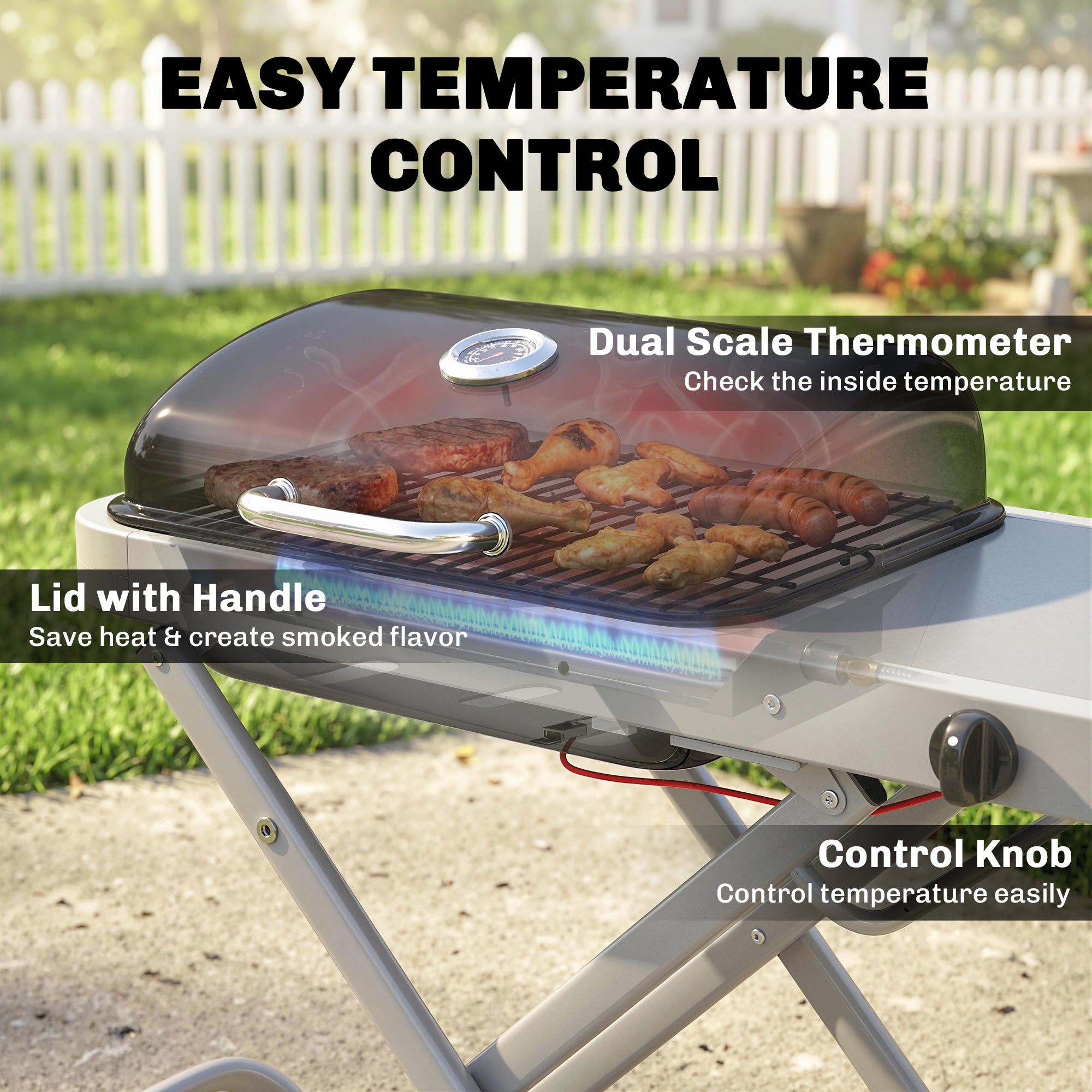 Portable 1-Burner 2.5 kW Folding Gas Grill with Cart, Side Shelf, Lid Thermometer & Drip Tray — Tabletop Outdoor Grill for BBQ, Camping & Garden