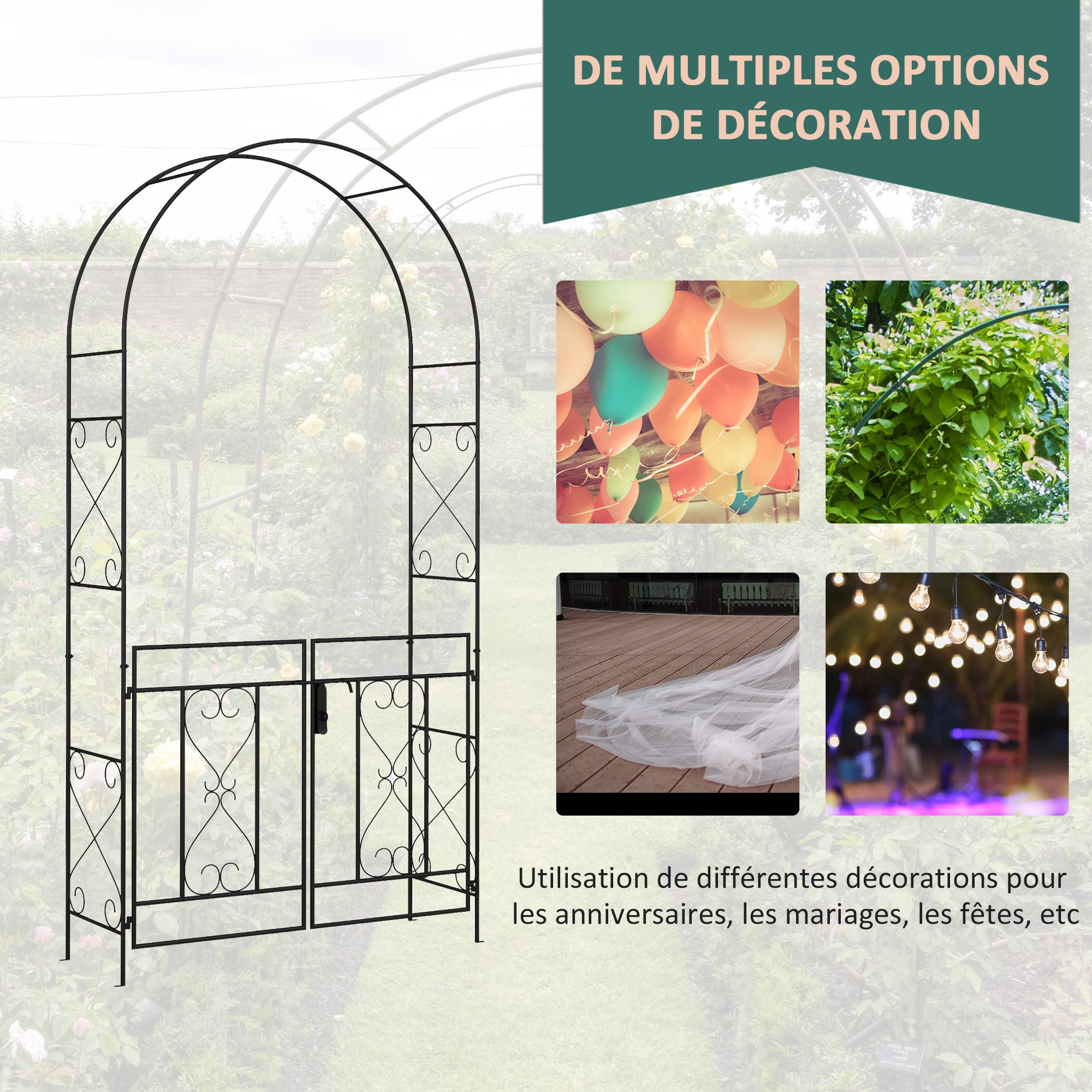 Garden Arch with Wrought Iron Style Gate Rose Arch Trellis 114L x 36W x 232H cm Epoxy-coated Black