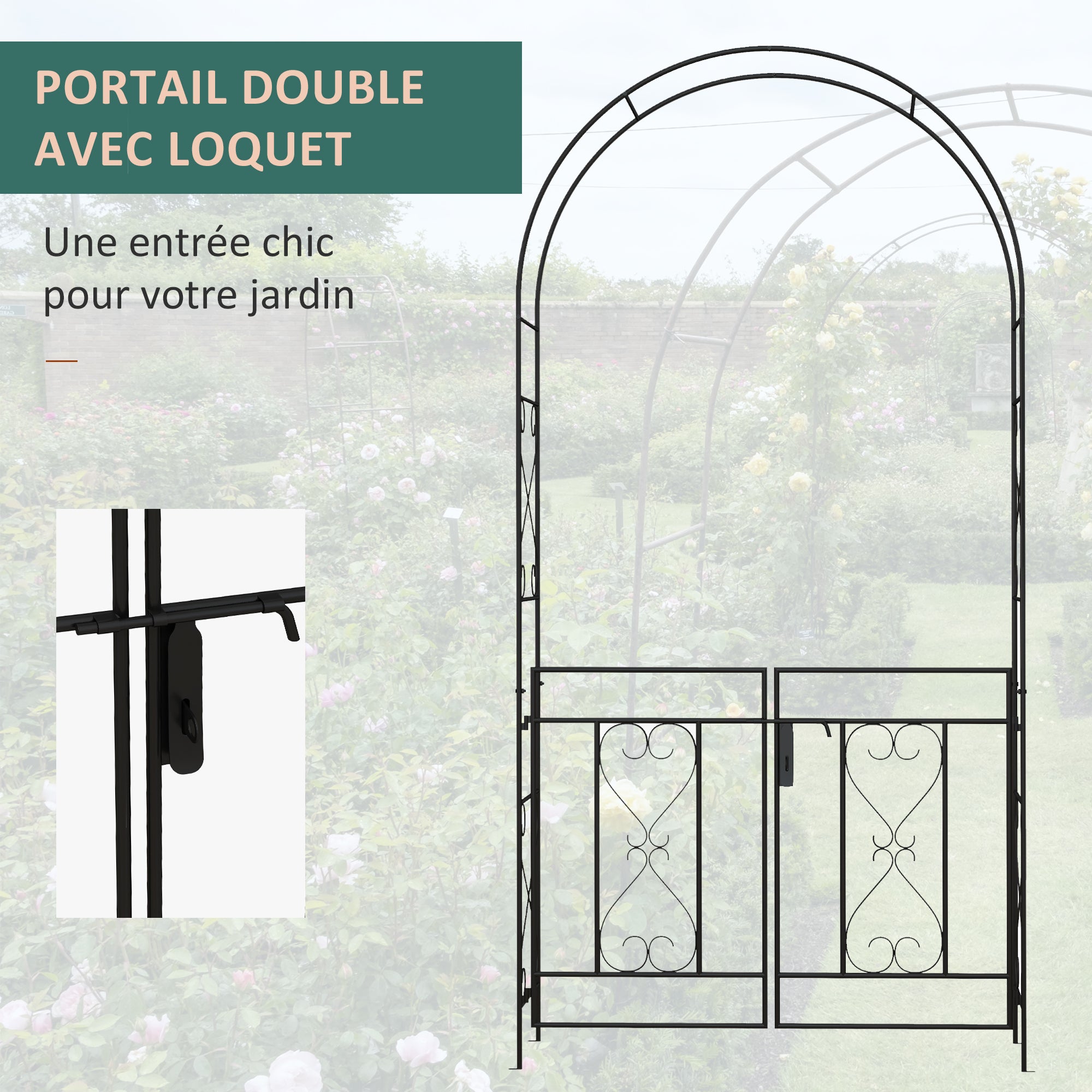 Garden Arch with Wrought Iron Style Gate Rose Arch Trellis 114L x 36W x 232H cm Epoxy-coated Black