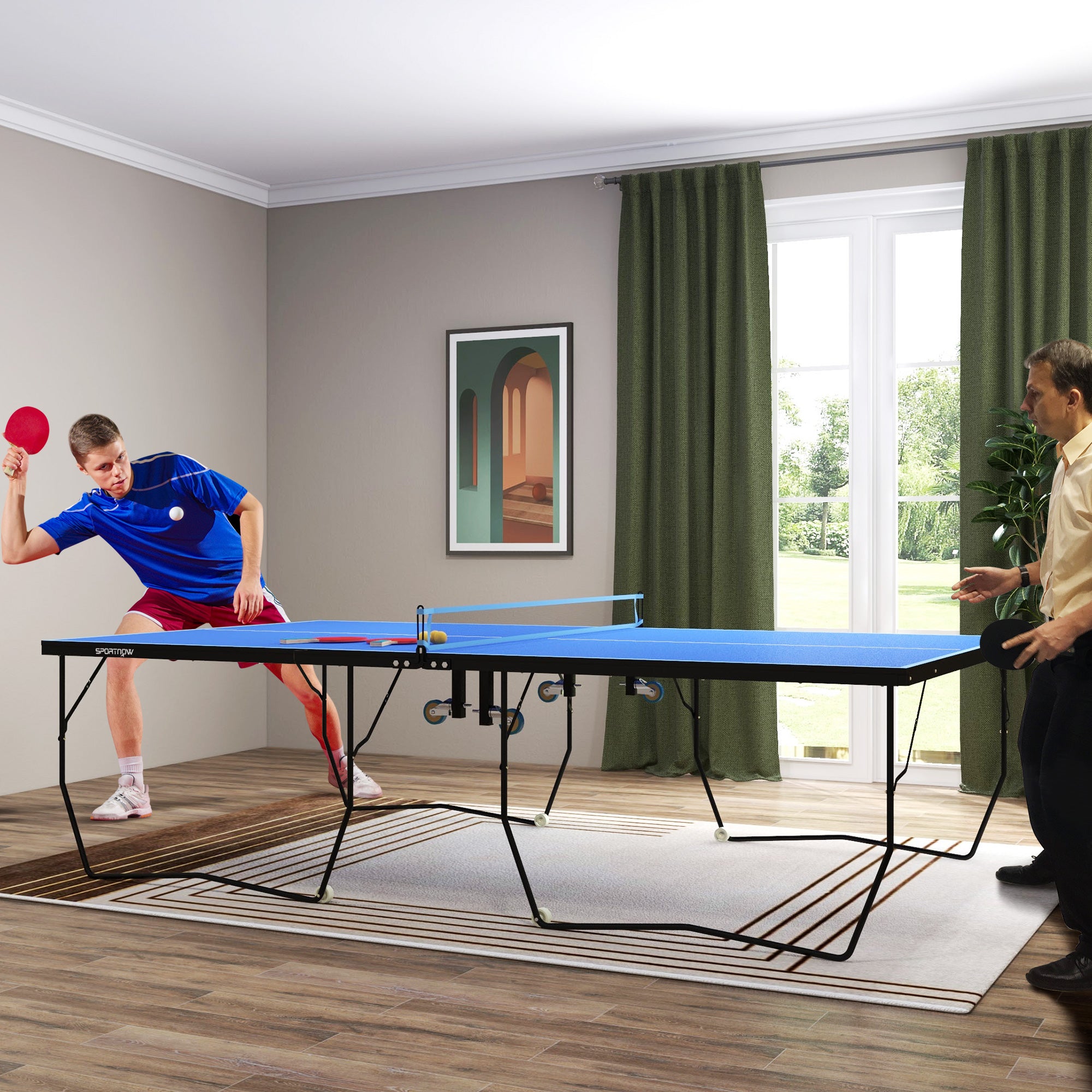 SPORTNOW Table Tennis Table, Foldable Ping Pong Table with Net, Wheels, 2 Paddles and 3 Balls, Steel, Blue, 274 x 152.5 x 76 cm