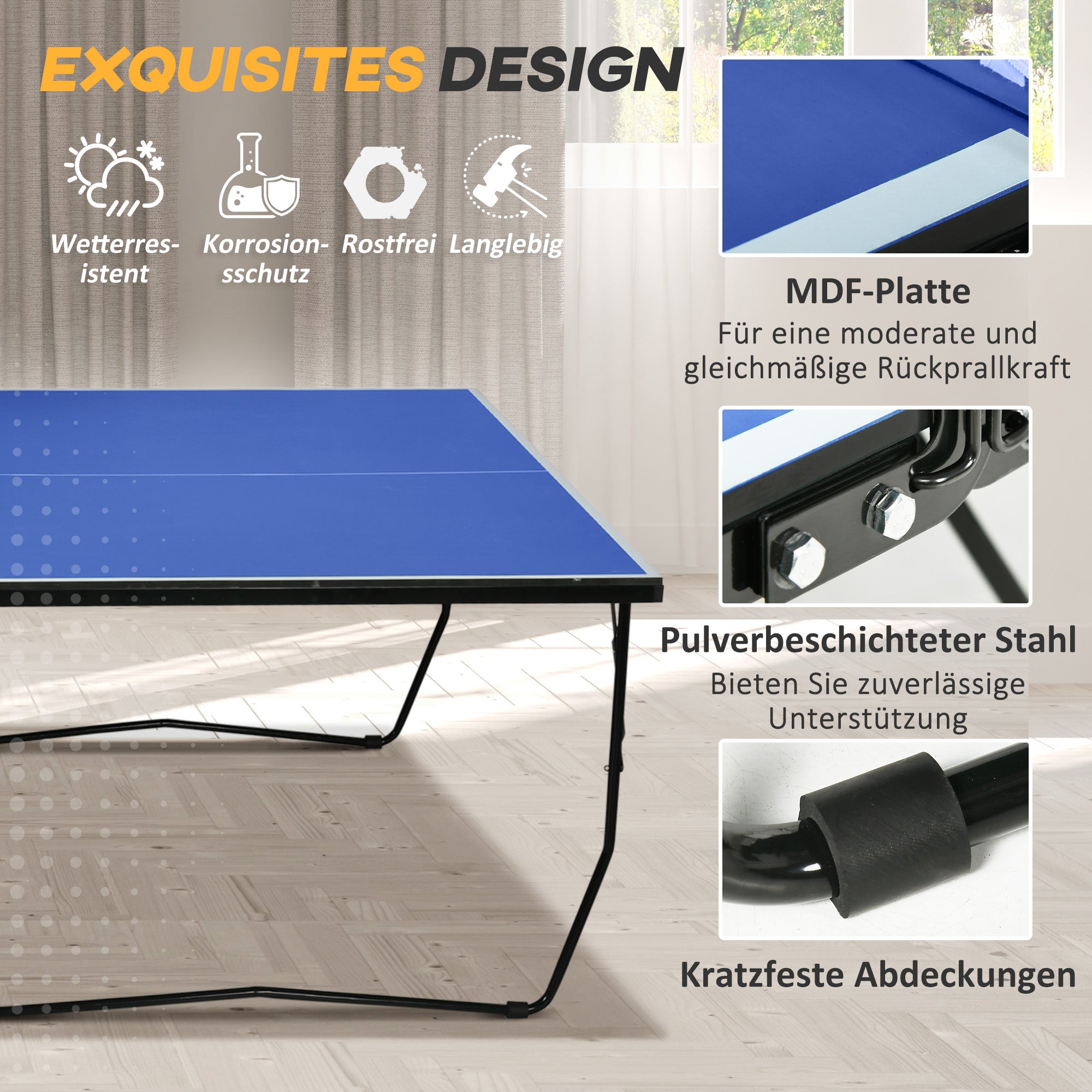 SPORTNOW Table Tennis Table, Foldable Ping Pong Table with Net, Wheels, 2 Paddles and 3 Balls, Steel, Blue, 274 x 152.5 x 76 cm