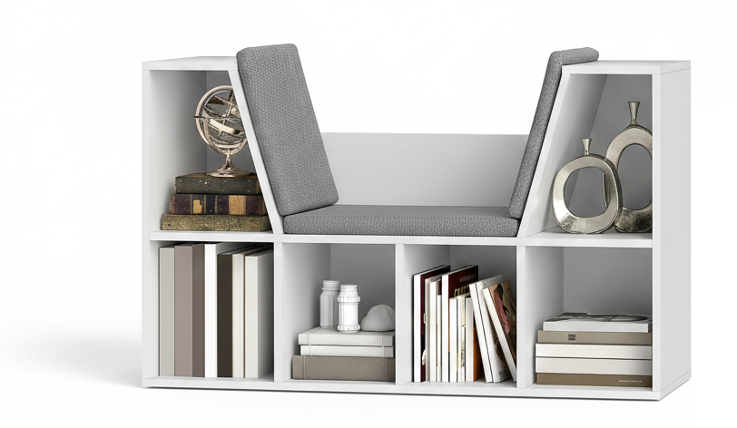 White bookshelf with books and decorative items on a white background