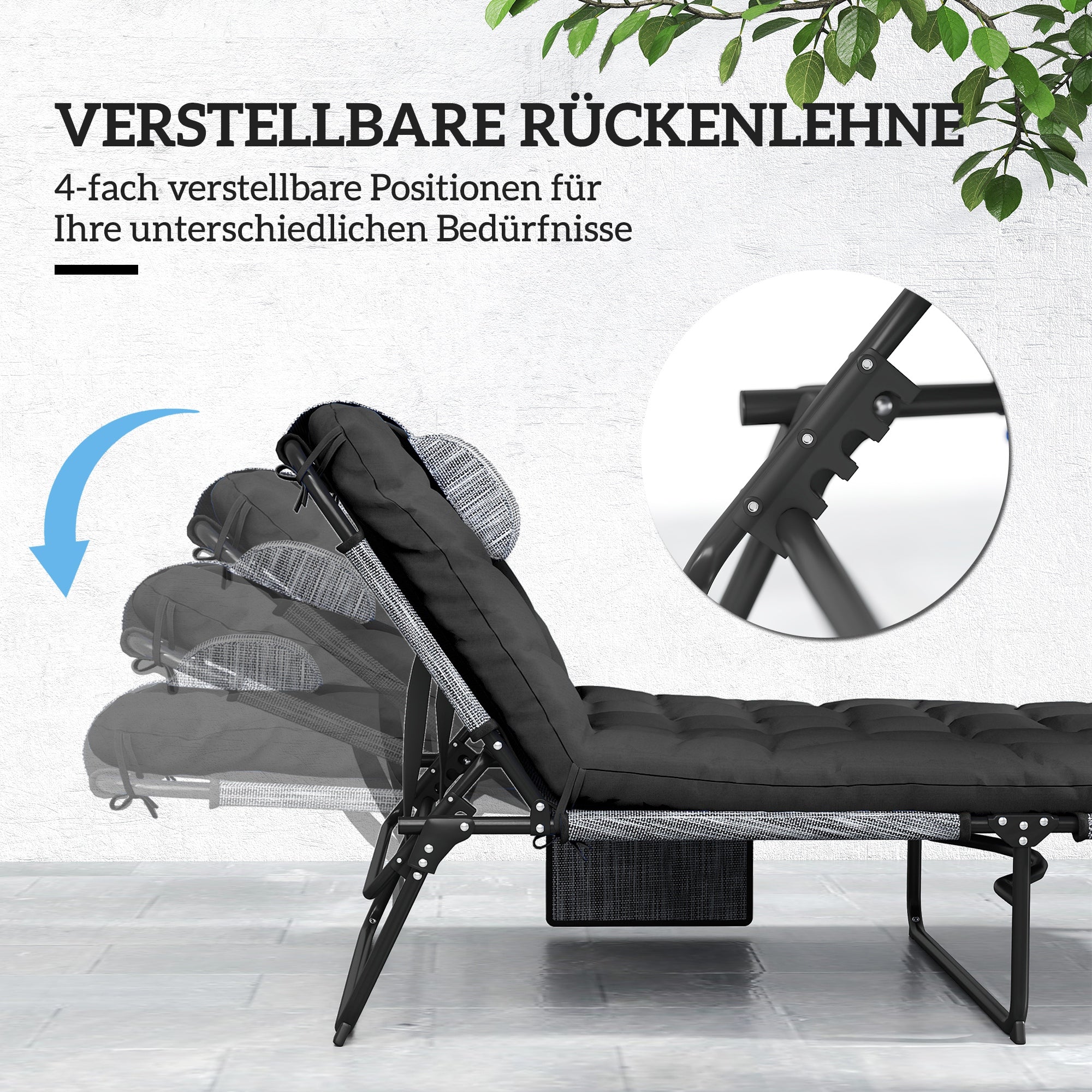 Folding Outdoor Sun Lounger with Pillow — 4-Position Adjustable Backrest, Side Pocket, Weather-Resistant — Supports up to 265 lb — Black