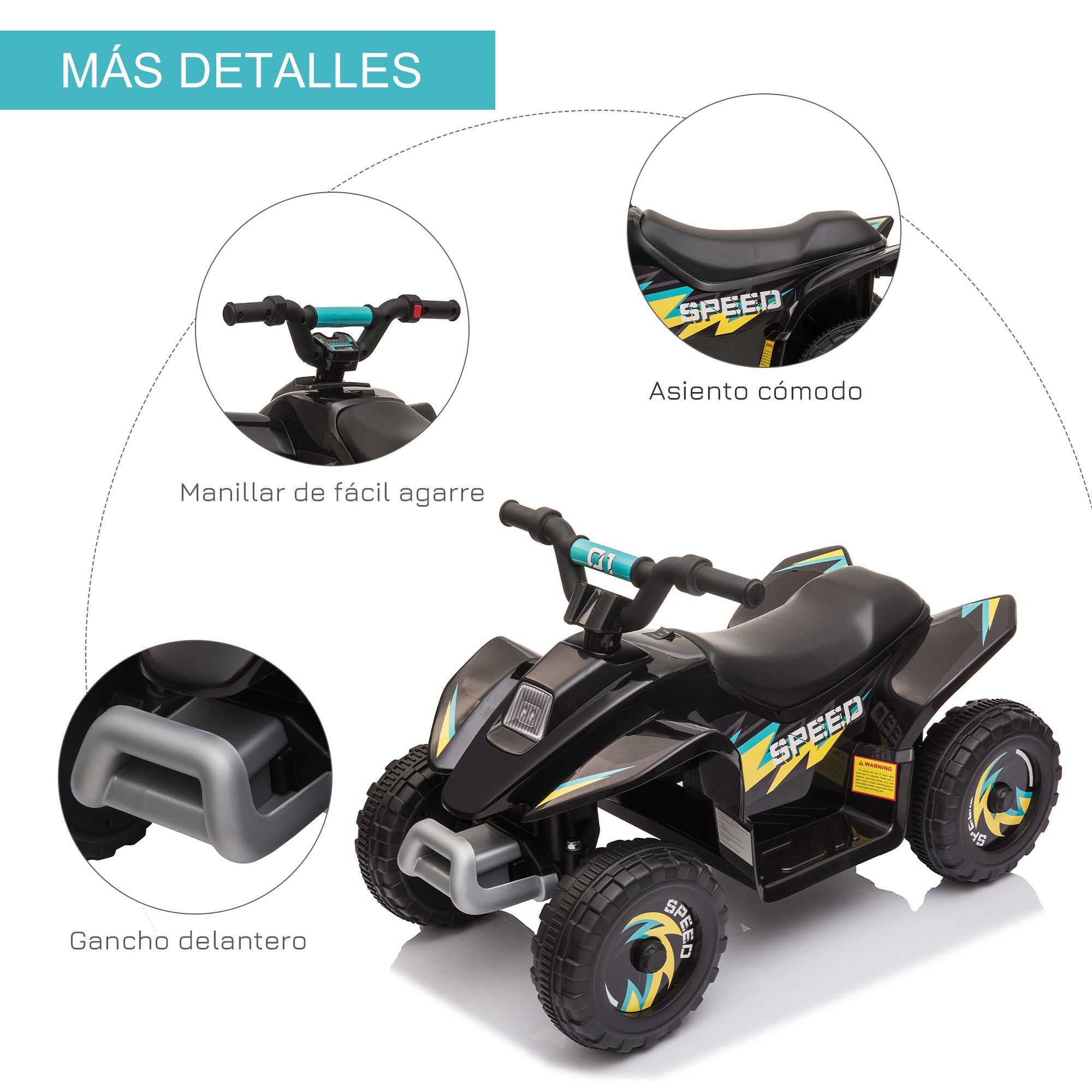 Electric Quad for Children 18-36 Months Battery-Powered ATV 6V with Forward and Reverse Max Load 20 kg 72x40x45.5 cm Black