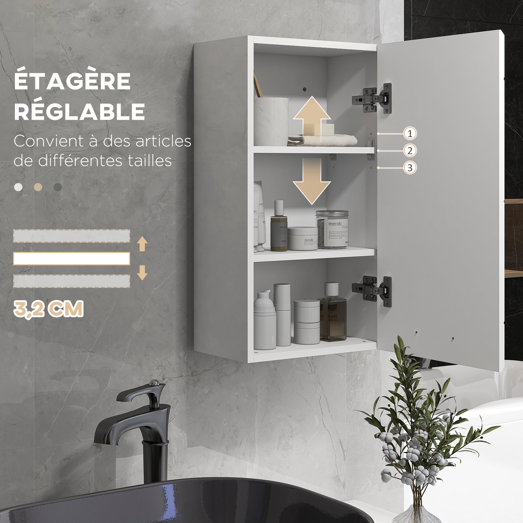 Wall-mounted bathroom cabinet, toilet storage cabinet 3 levels, adjustable shelf, 1 door, modern, suspended cabinet, 37 x 22.5 x 70 cm, glossy white