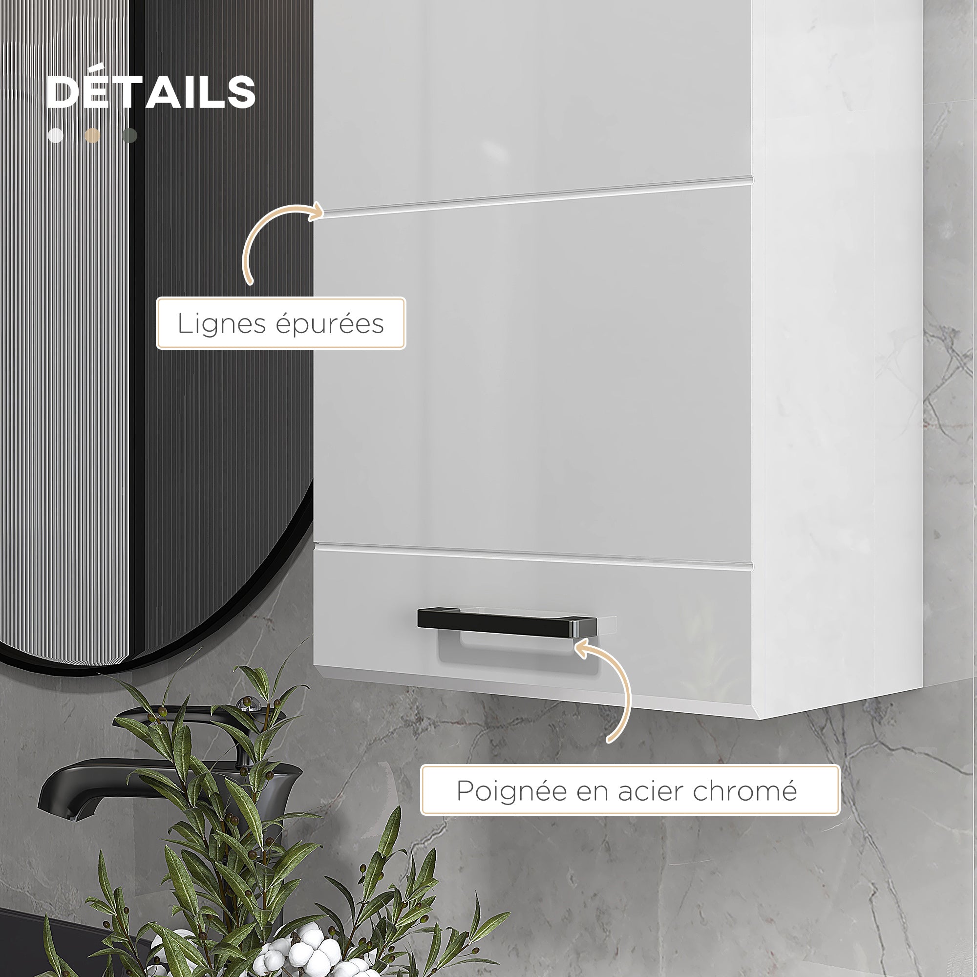 Wall-mounted bathroom cabinet, toilet storage cabinet 3 levels, adjustable shelf, 1 door, modern, suspended cabinet, 37 x 22.5 x 70 cm, glossy white