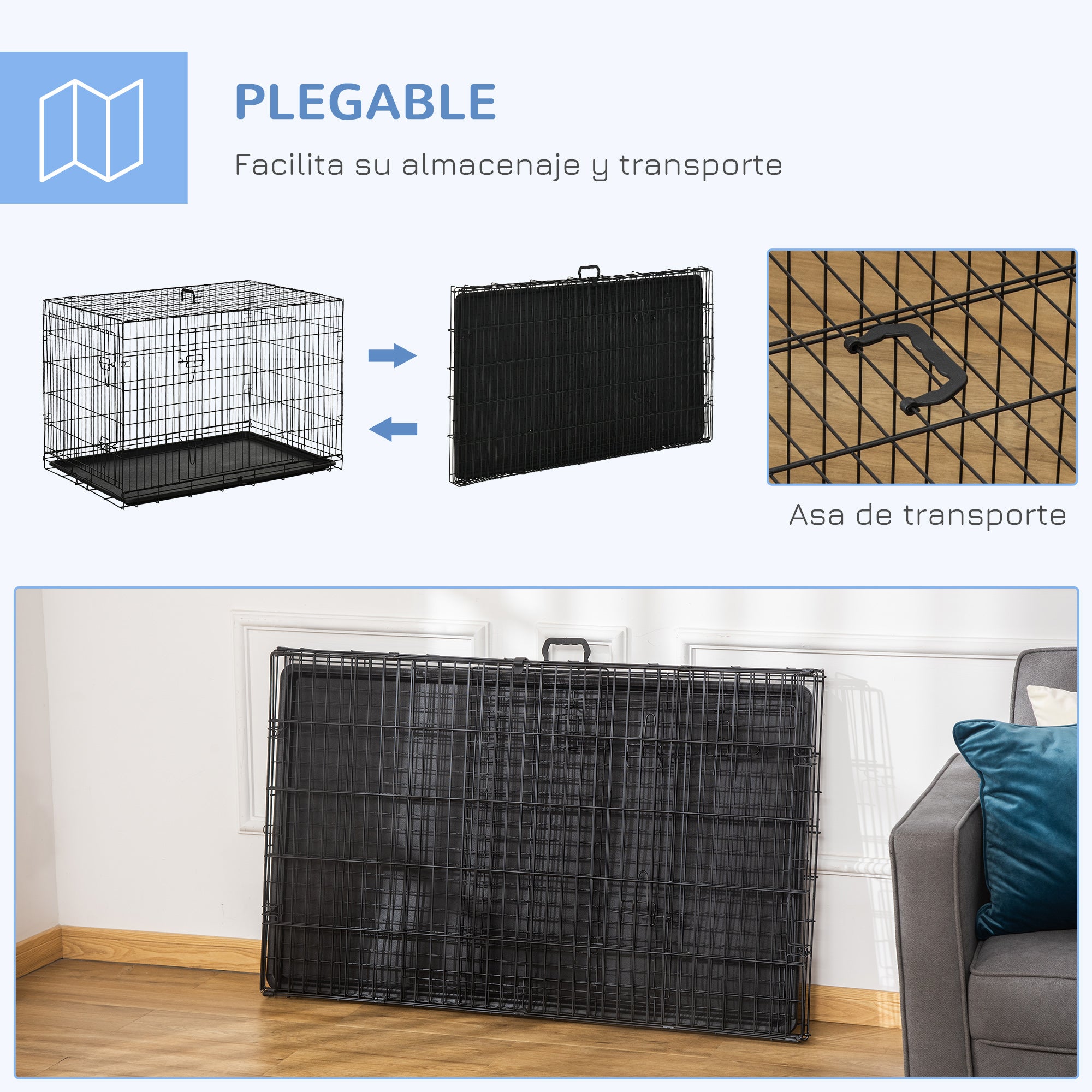 Foldable Dog Cage Dog Carrier with 2 Doors Removable Tray and Transport Handle 106x68x76 cm Black