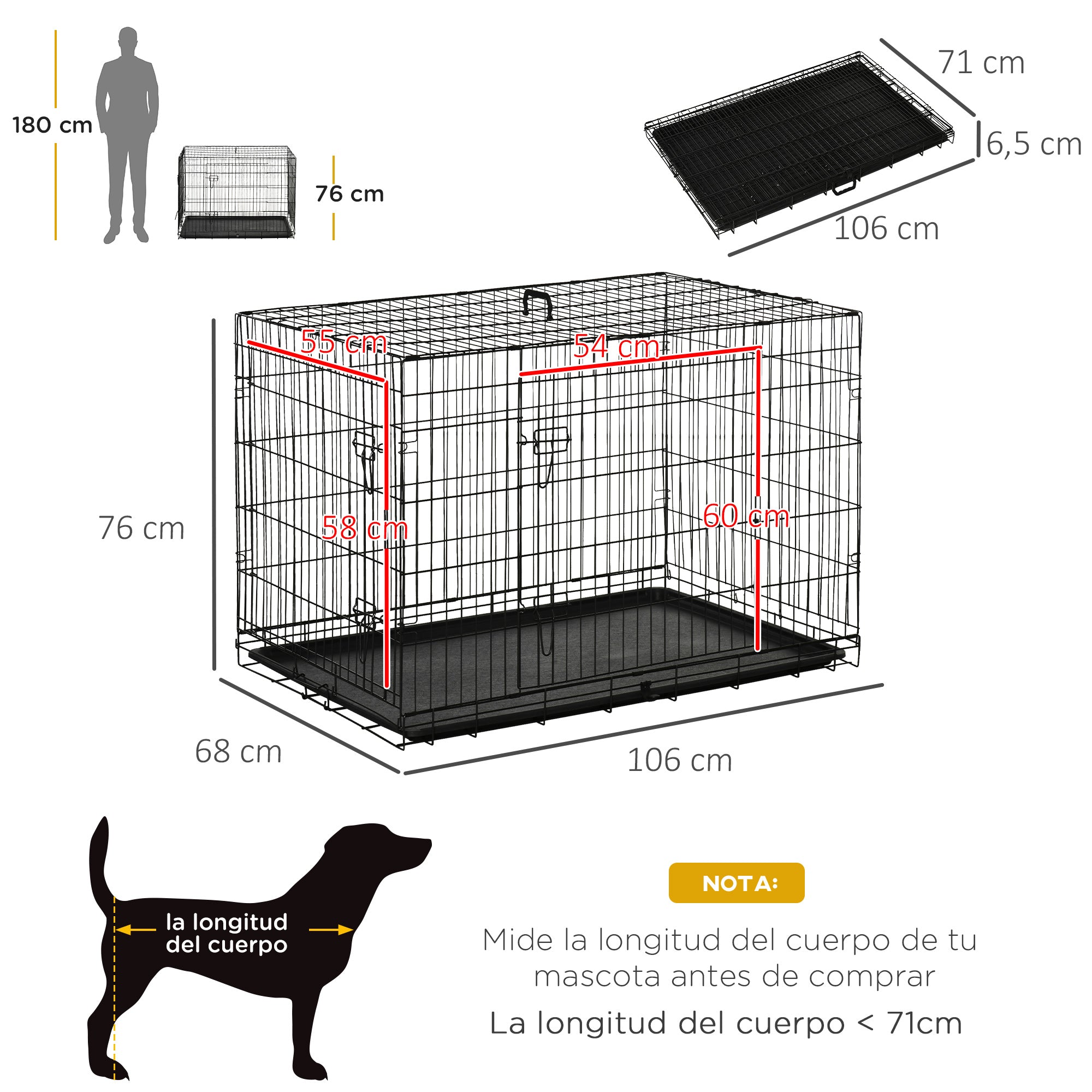 Foldable Dog Cage Dog Carrier with 2 Doors Removable Tray and Transport Handle 106x68x76 cm Black