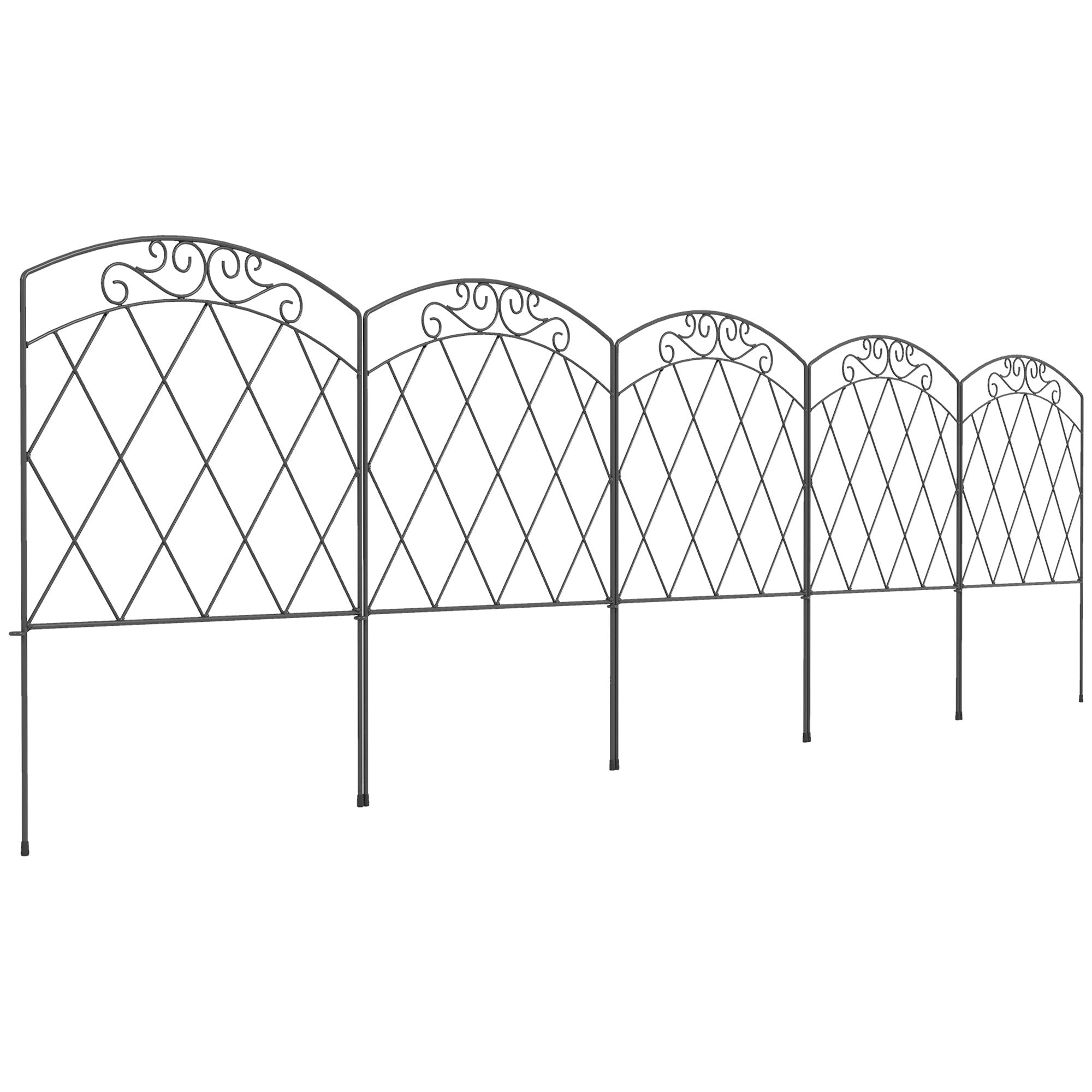Set of 5 decorative garden fences, black metal borders with ornaments for flower beds - 305 x 80 cm black